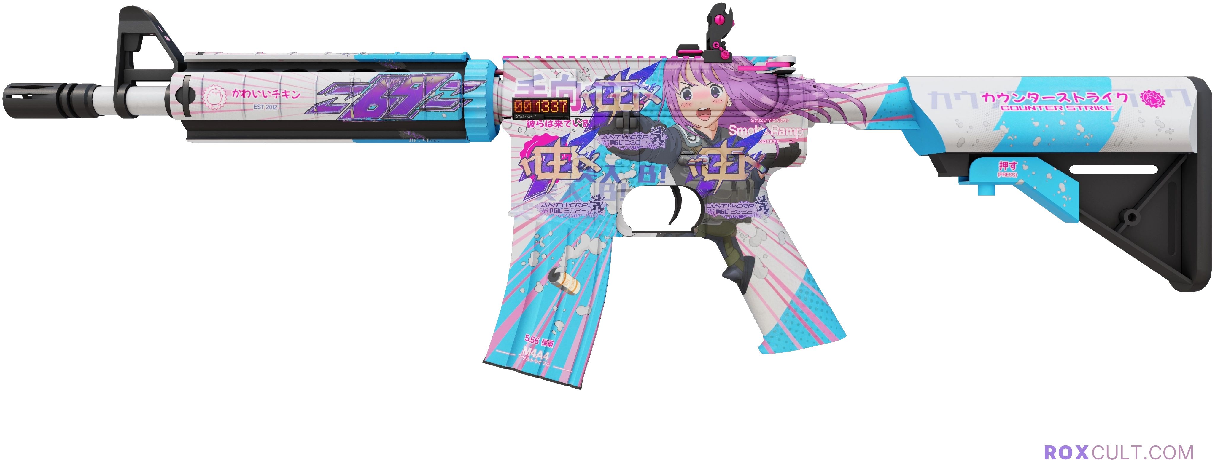 StatTrak™ M4A4 | Temukau (Factory New) — rox (Holo) Antwerp 2022 craft, playside view with 3 rox (Holo) stickers