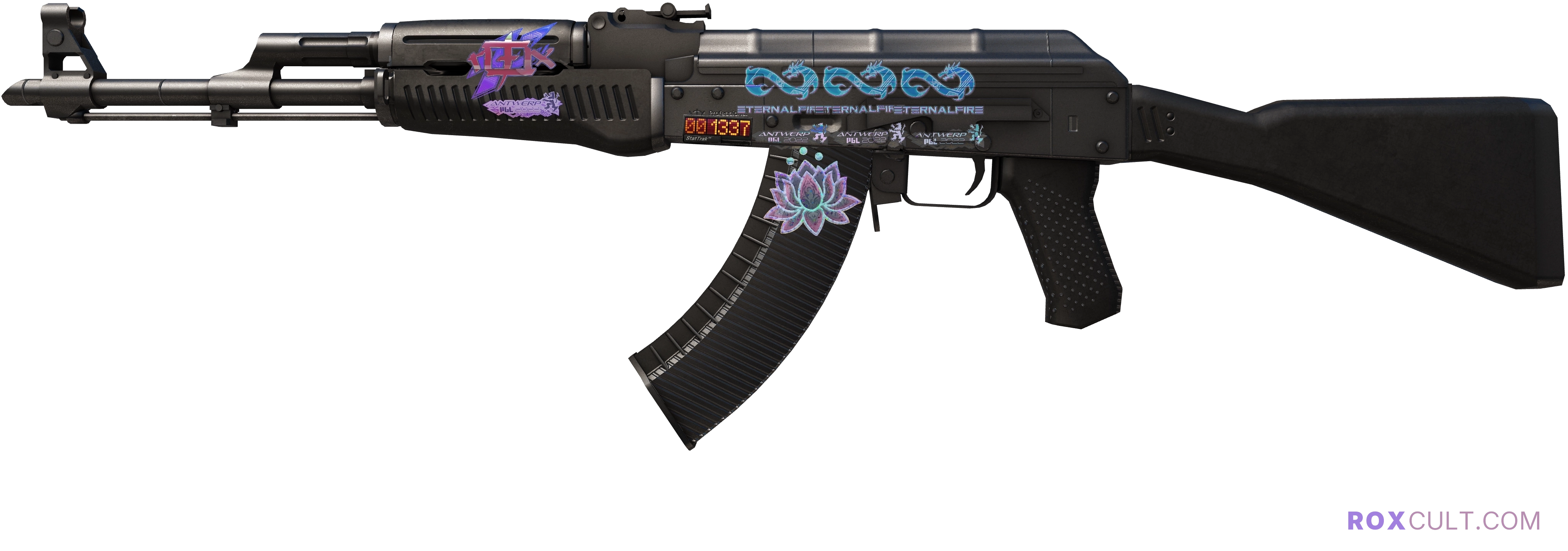 StatTrak™ AK-47 | Slate (Factory New) — rox (Holo) Antwerp 2022 craft, playside view with 1 rox (Holo) sticker