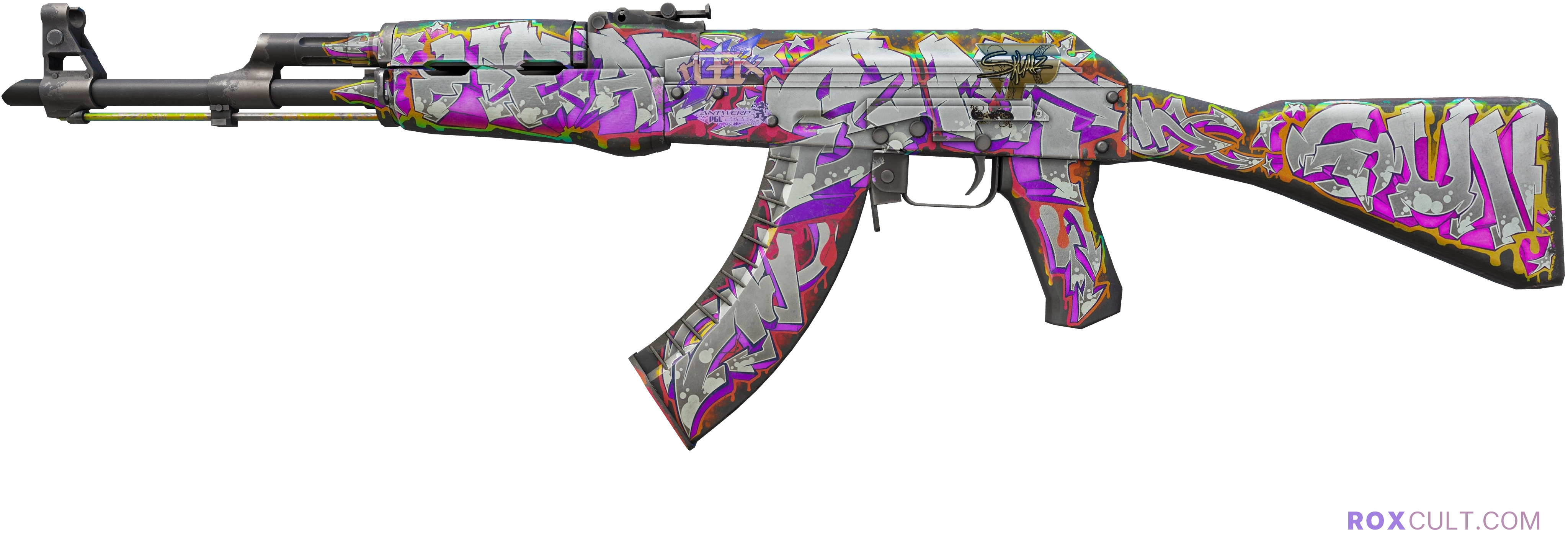 AK-47 | Head Shot (Field-Tested) — rox (Holo) Antwerp 2022 craft, playside view with 1 rox (Holo) sticker