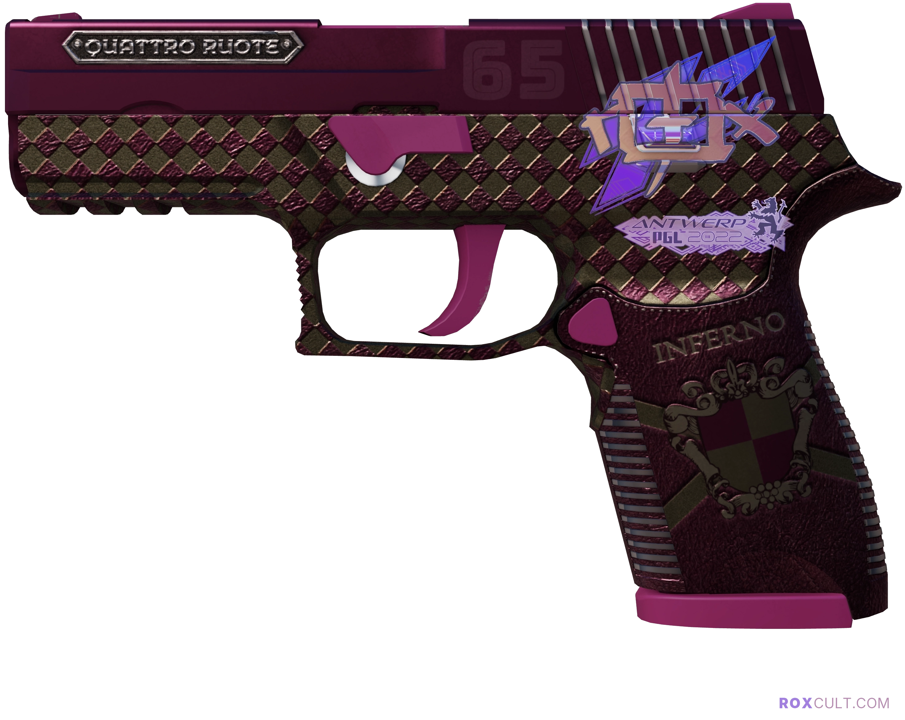 P250 | Vino Primo (Factory New) — rox (Holo) Antwerp 2022 craft, playside view with 1 rox (Holo) sticker