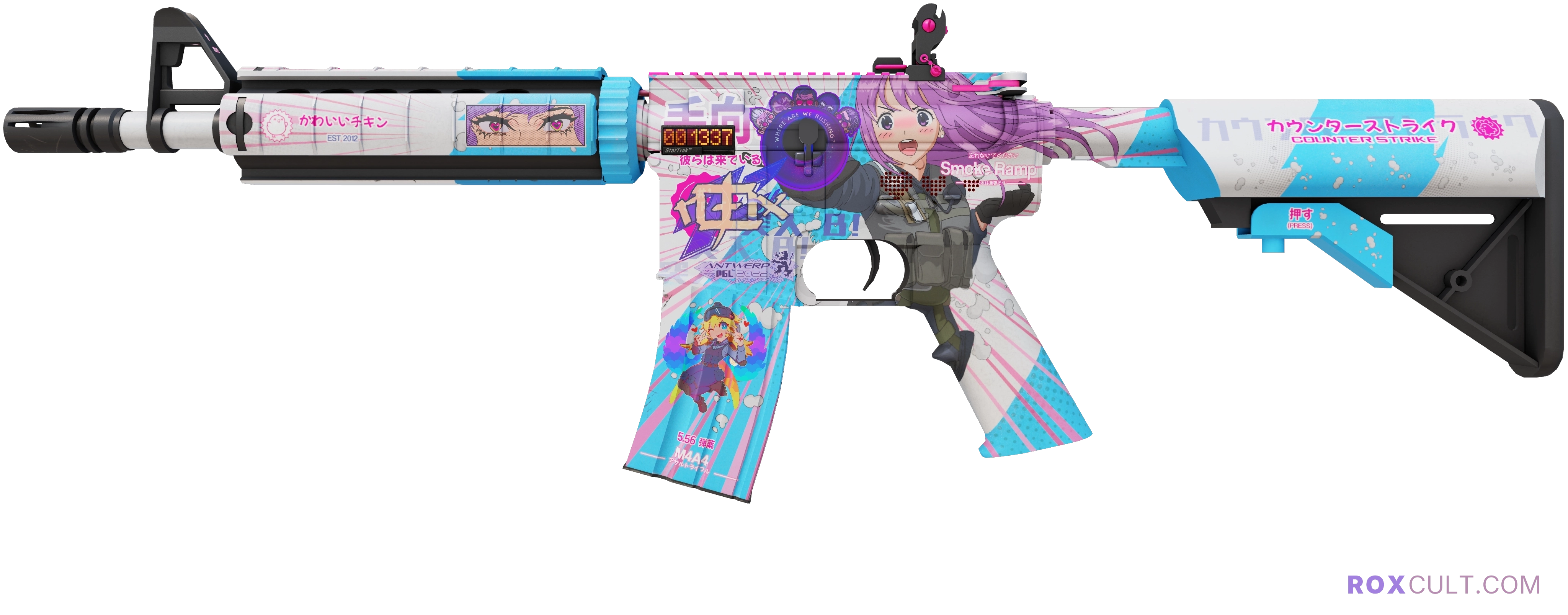 StatTrak™ M4A4 | Temukau (Factory New) — rox (Holo) Antwerp 2022 craft, playside view with 1 rox (Holo) sticker