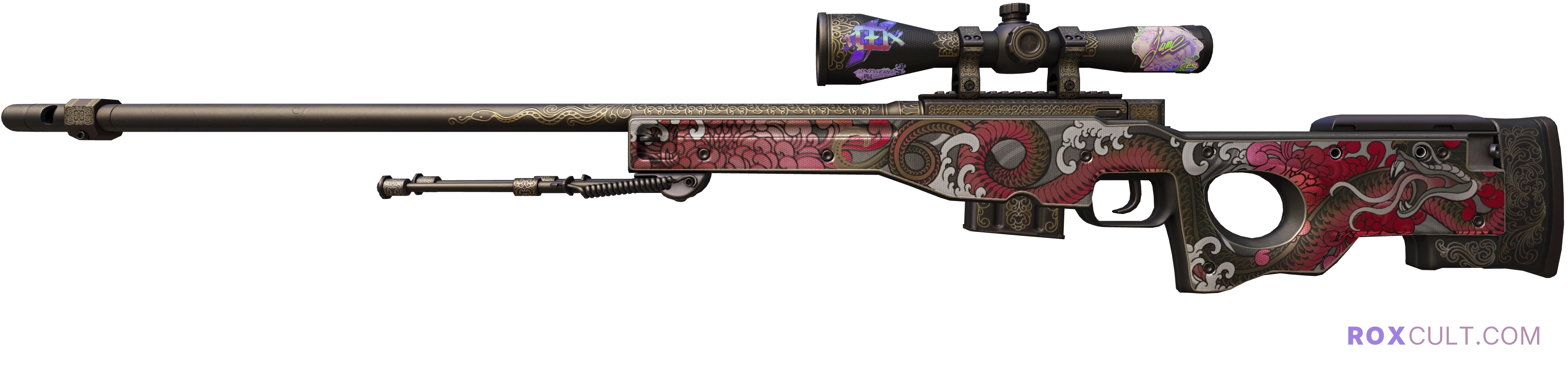 AWP | Duality (Factory New) — rox (Holo) Antwerp 2022 craft, playside view with 1 rox (Holo) sticker