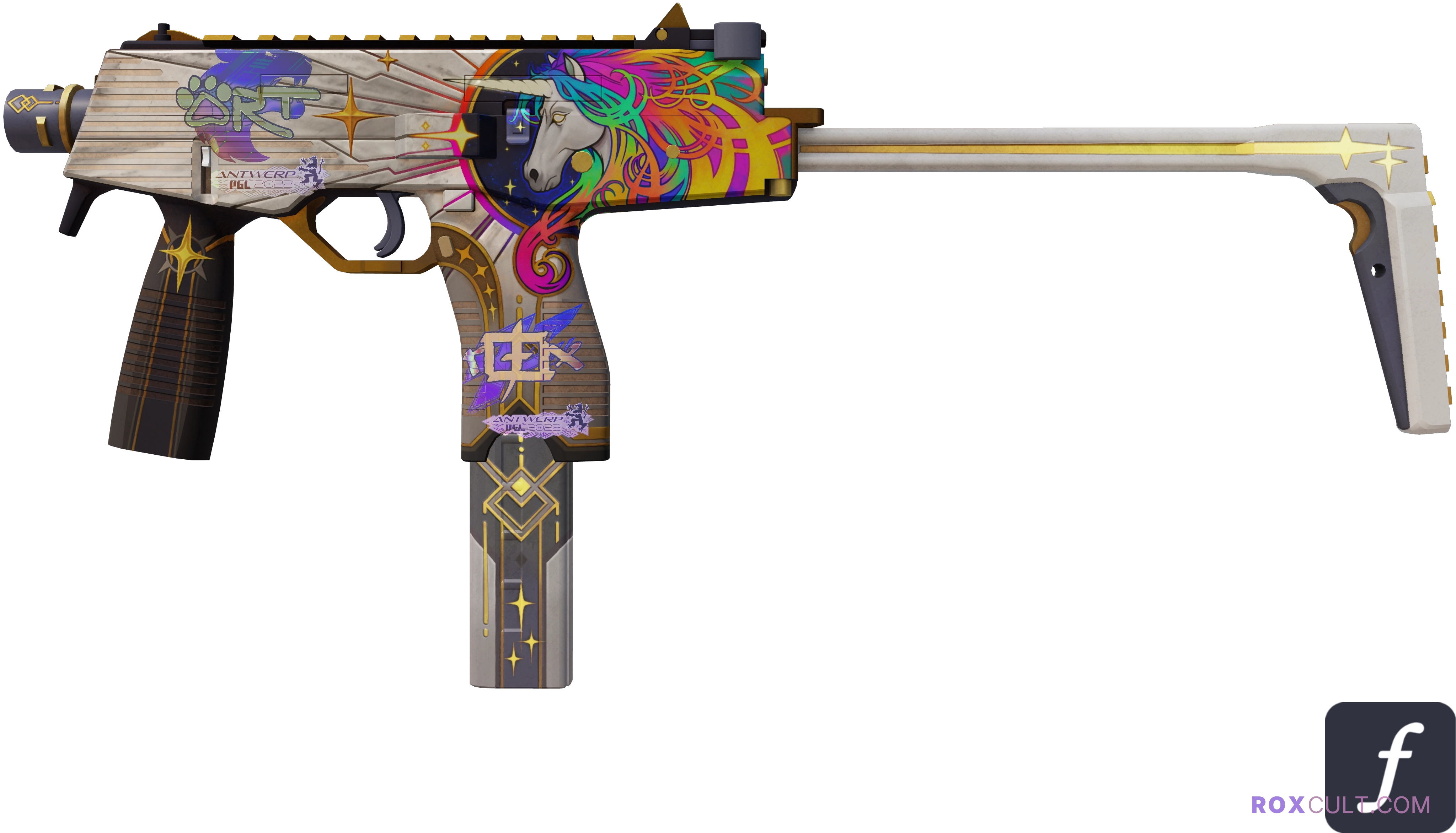 MP9 | Starlight Protector (Field-Tested) — rox (Holo) Antwerp 2022 craft, playside view with 1 rox (Holo) sticker