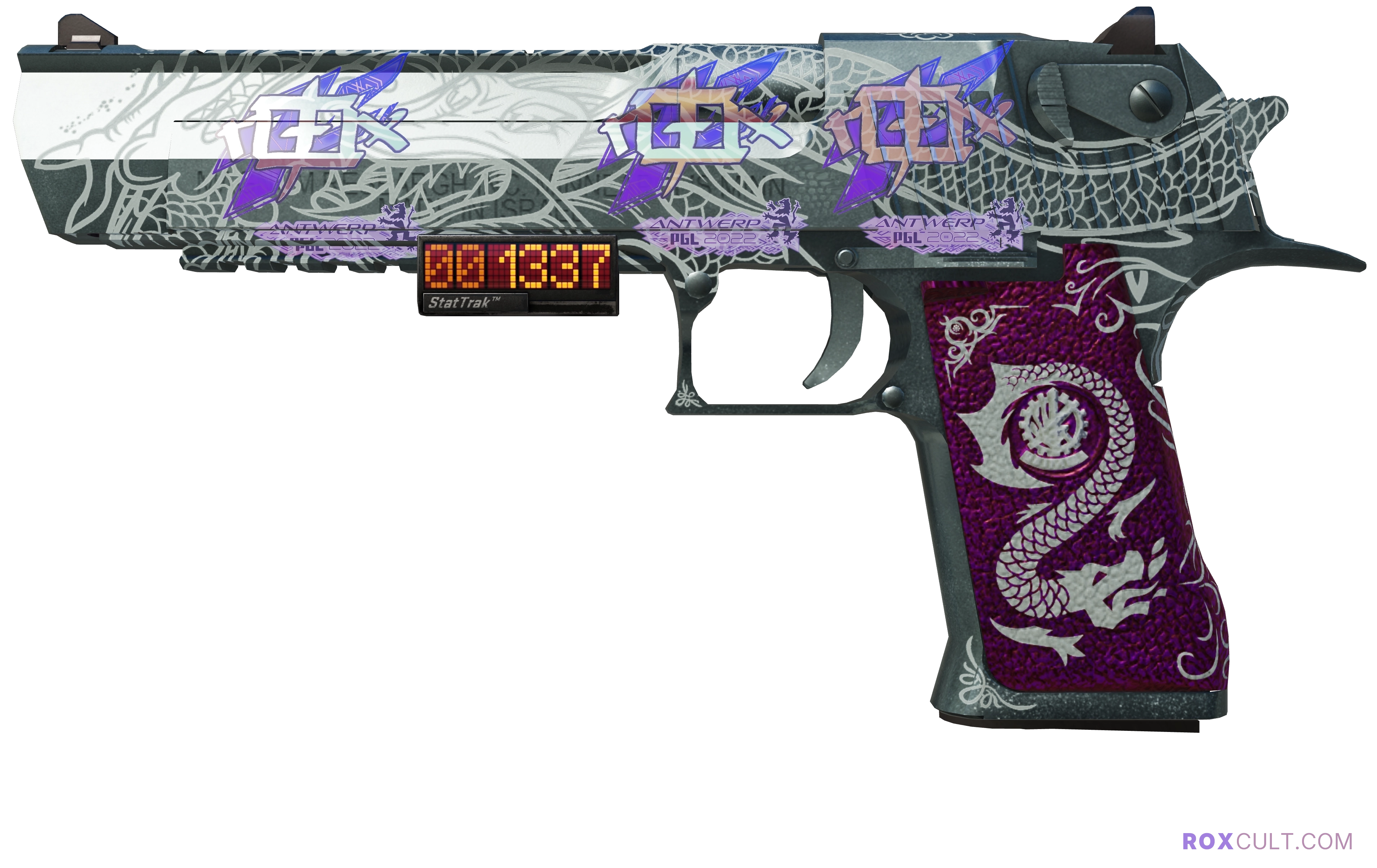 StatTrak™ Desert Eagle | Kumicho Dragon (Factory New) — rox (Holo) Antwerp 2022 craft, playside view with 3 rox (Holo) stickers