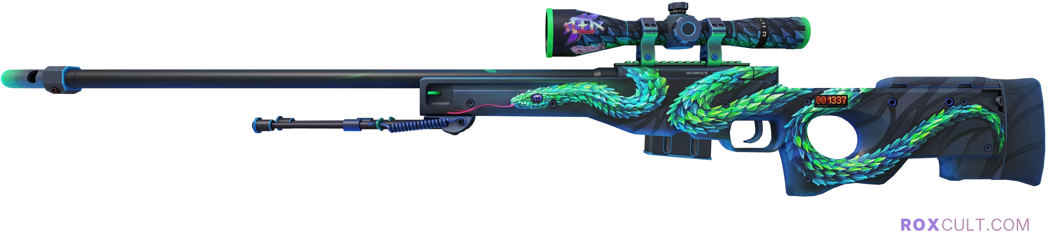 StatTrak™ AWP | Atheris (Factory New) — rox (Holo) Antwerp 2022 craft, playside view with 1 rox (Holo) sticker