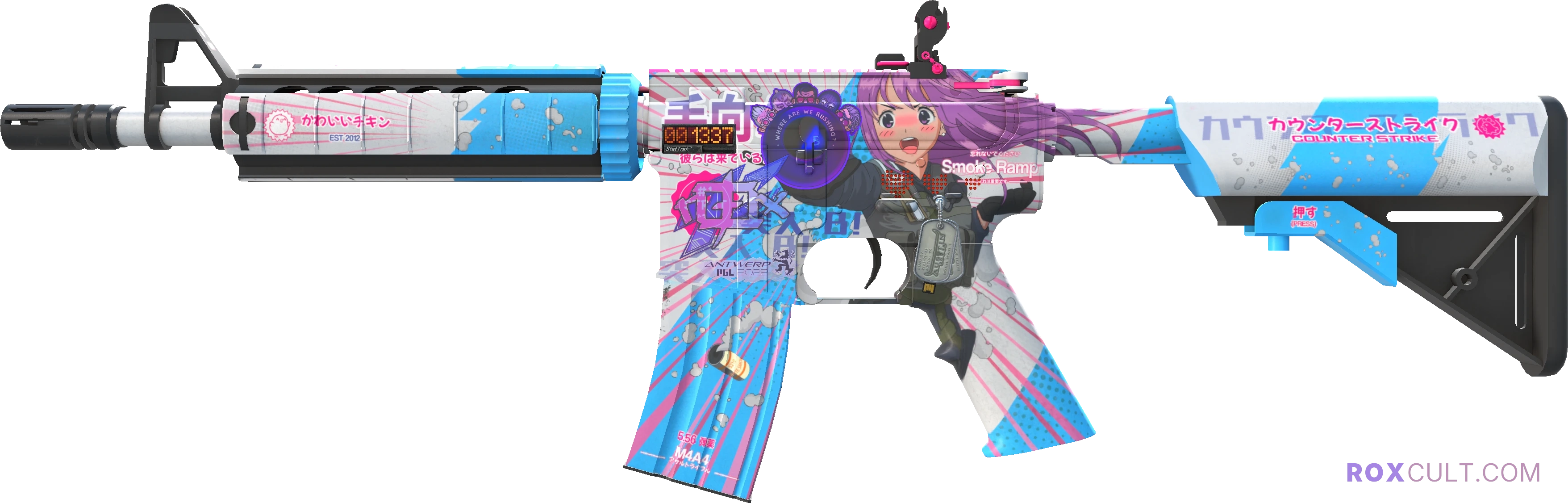 StatTrak™ M4A4 | Temukau (Factory New) — rox (Holo) Antwerp 2022 craft, playside view with 1 rox (Holo) sticker