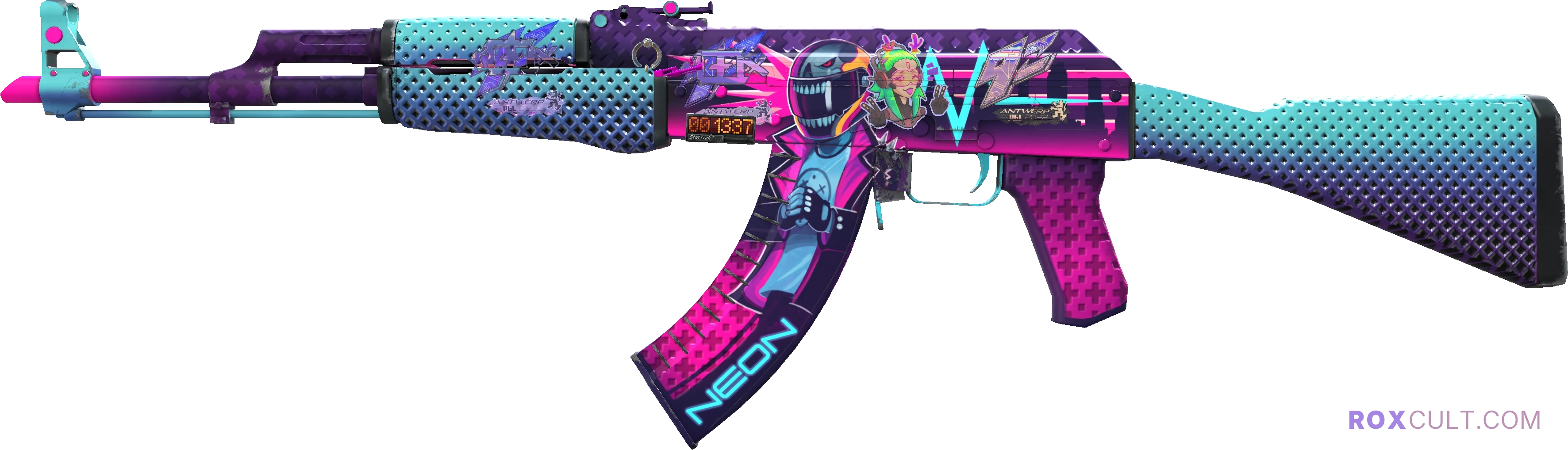 StatTrak™ AK-47 | Neon Rider (Factory New) — rox (Holo) Antwerp 2022 craft, playside view with 2 rox (Holo) stickers
