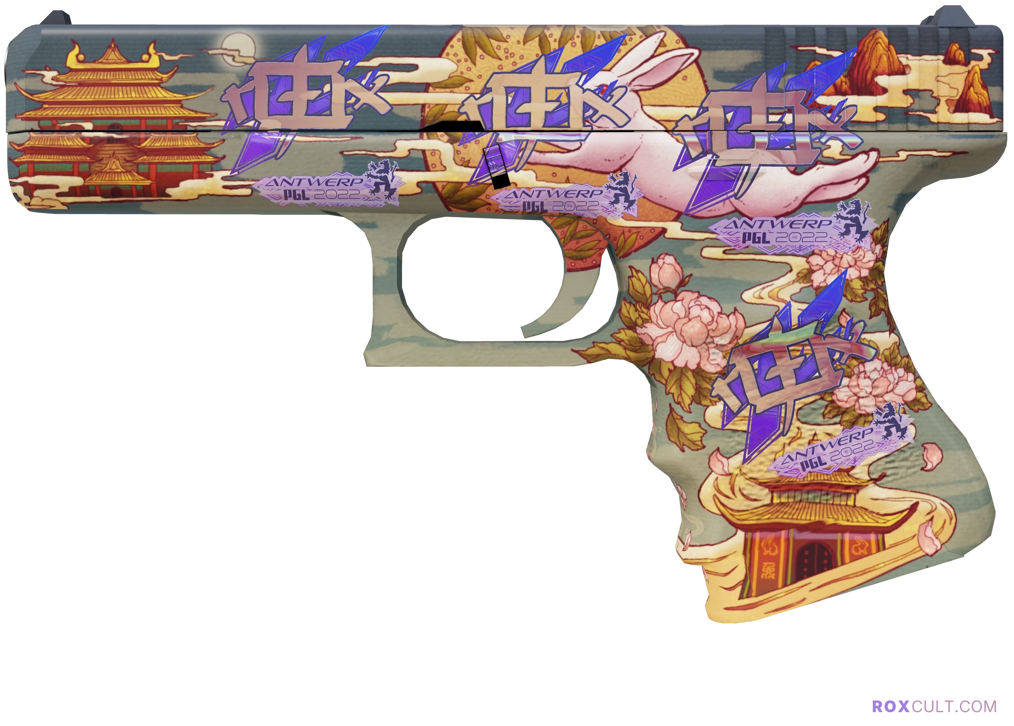 Glock-18 | Umbral Rabbit (Factory New) — rox (Holo) Antwerp 2022 craft, playside view with 4 rox (Holo) stickers