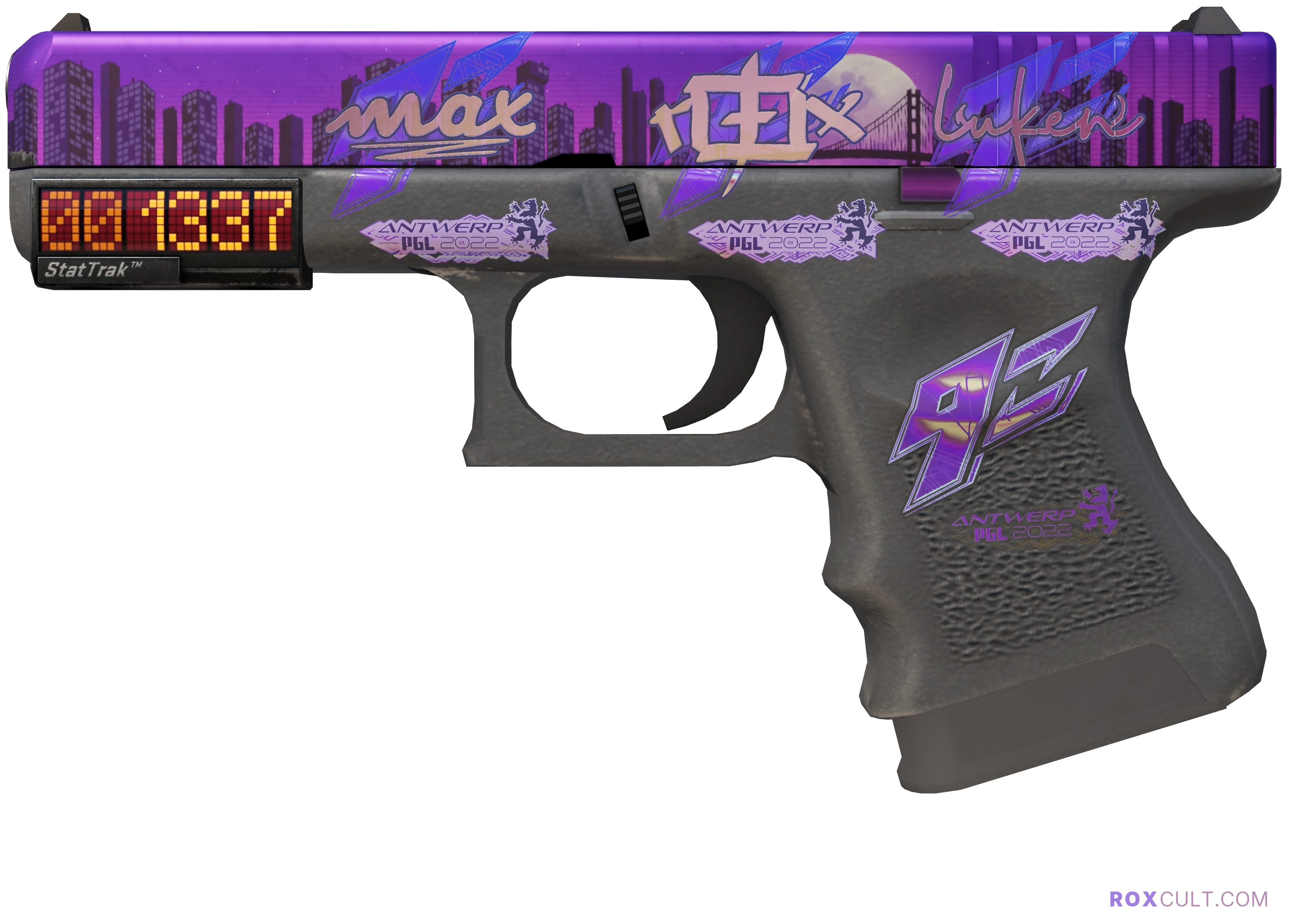 StatTrak™ Glock-18 | Moonrise (Factory New) — rox (Holo) Antwerp 2022 craft, playside view with 1 rox (Holo) sticker