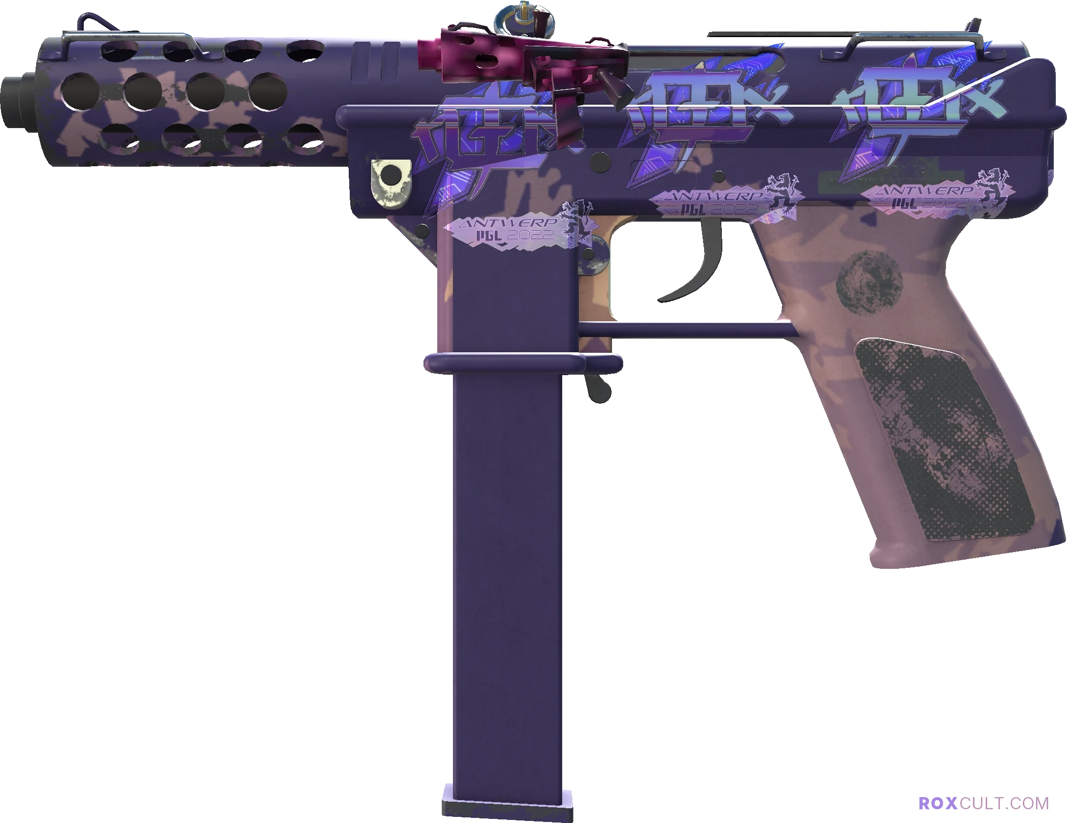 Tec-9 | Sandstorm (Minimal Wear) — rox (Holo) Antwerp 2022 craft, playside view with 4 rox (Holo) stickers
