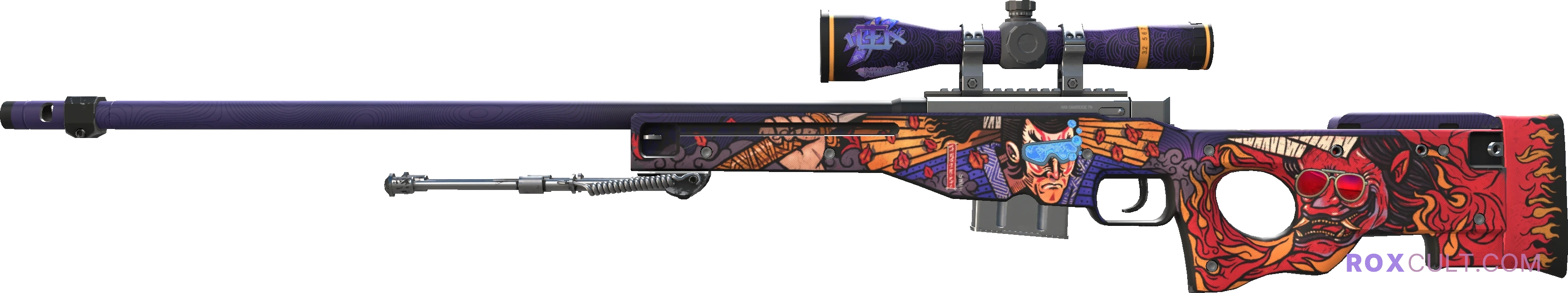 AWP | Oni Taiji (Factory New) — rox (Holo) Antwerp 2022 craft, playside view with 1 rox (Holo) sticker