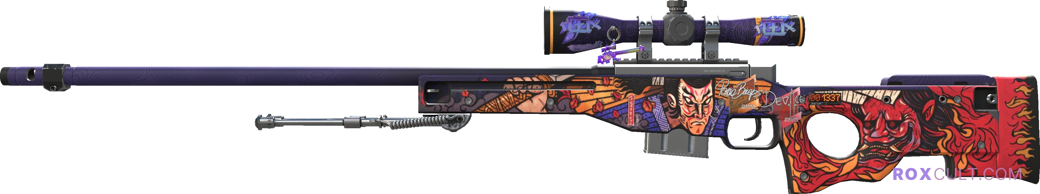 StatTrak™ AWP | Oni Taiji (Factory New) — rox (Holo) Antwerp 2022 craft, playside view with 2 rox (Holo) stickers