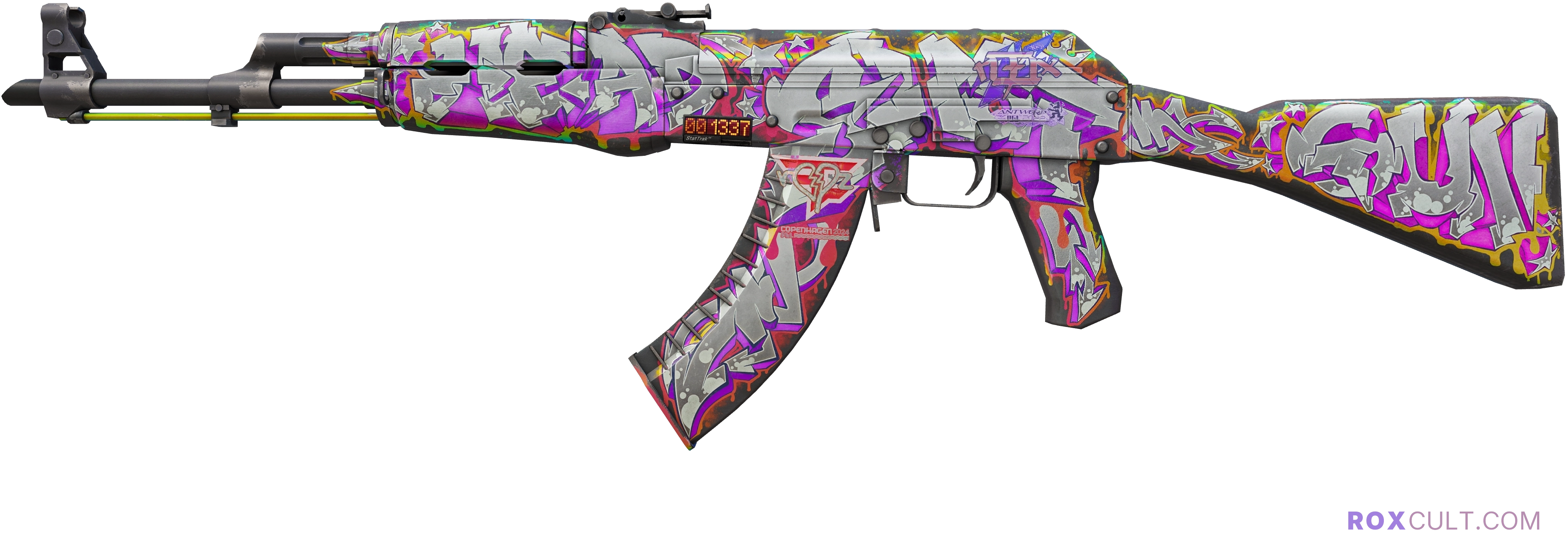StatTrak™ AK-47 | Head Shot (Minimal Wear) — rox (Holo) Antwerp 2022 craft, playside view with 1 rox (Holo) sticker