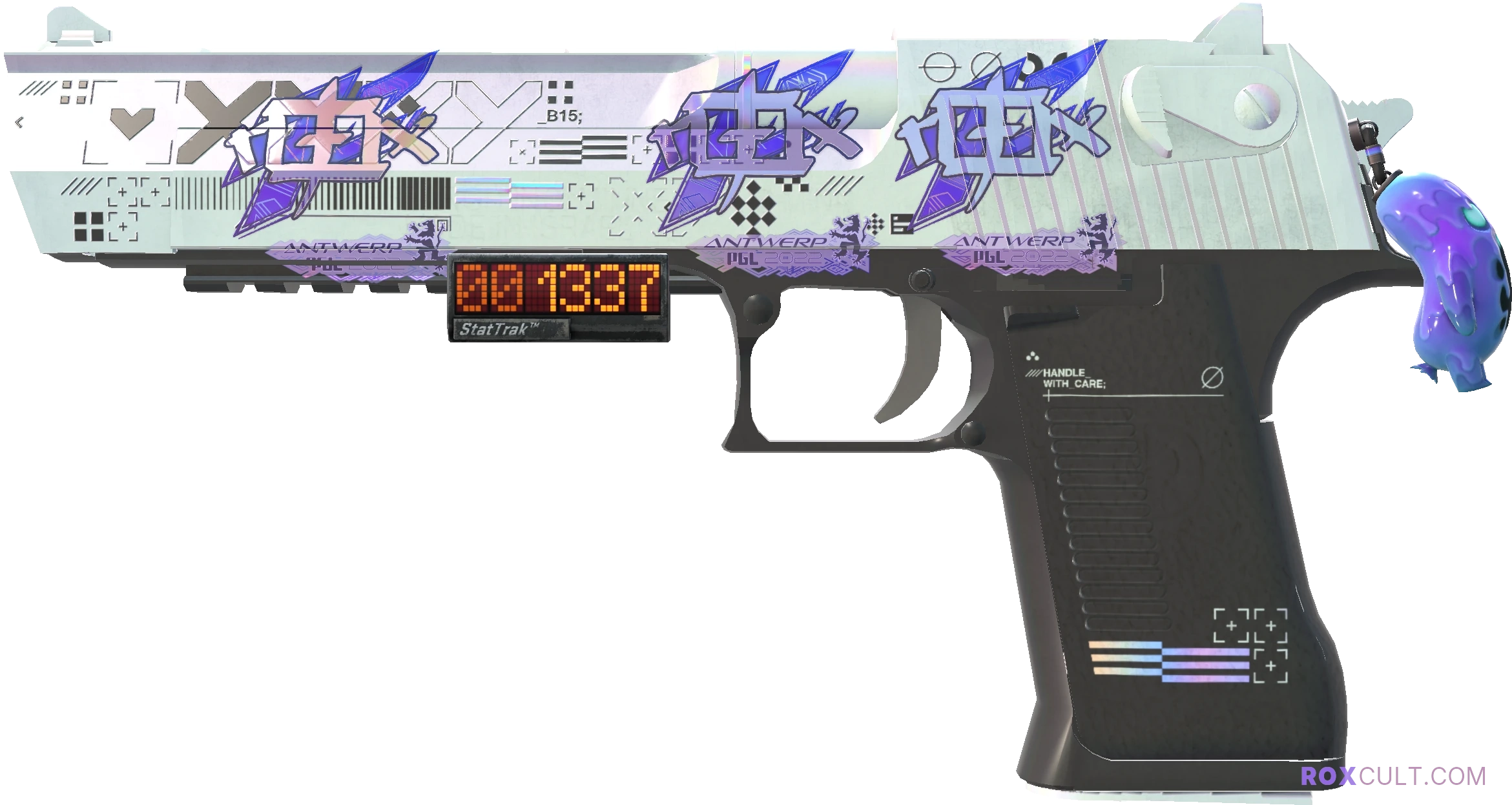 StatTrak™ Desert Eagle | Printstream (Minimal Wear) — rox (Holo) Antwerp 2022 craft, playside view with 3 rox (Holo) stickers