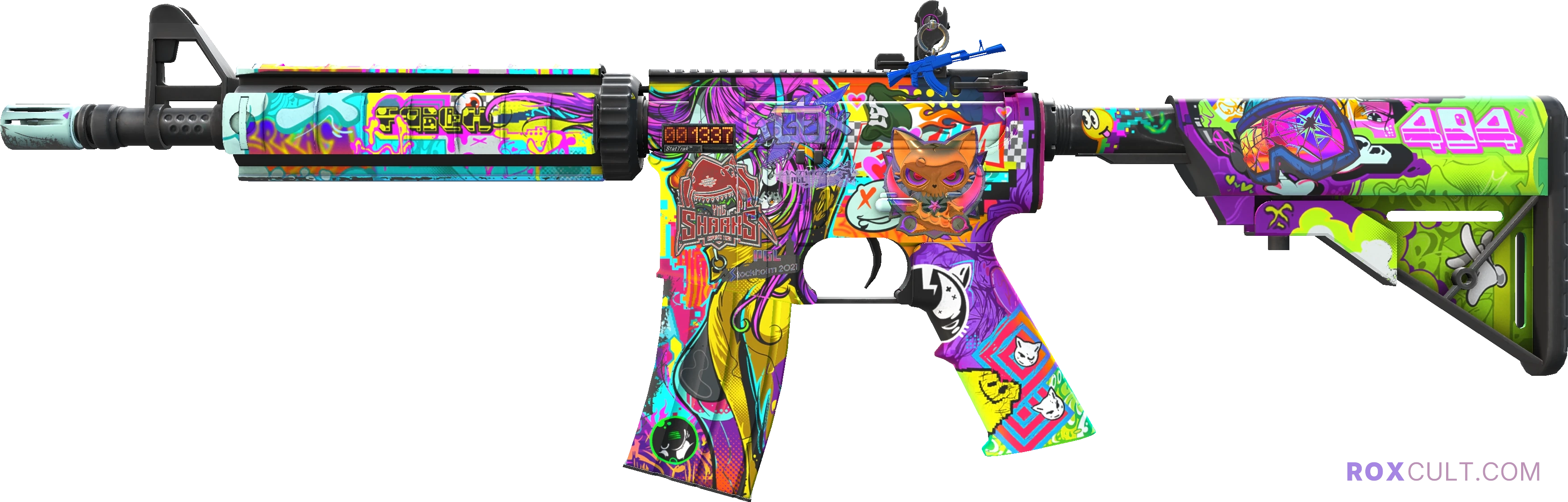 StatTrak™ M4A4 | In Living Color (Minimal Wear) — rox (Holo) Antwerp 2022 craft, playside view with 1 rox (Holo) sticker