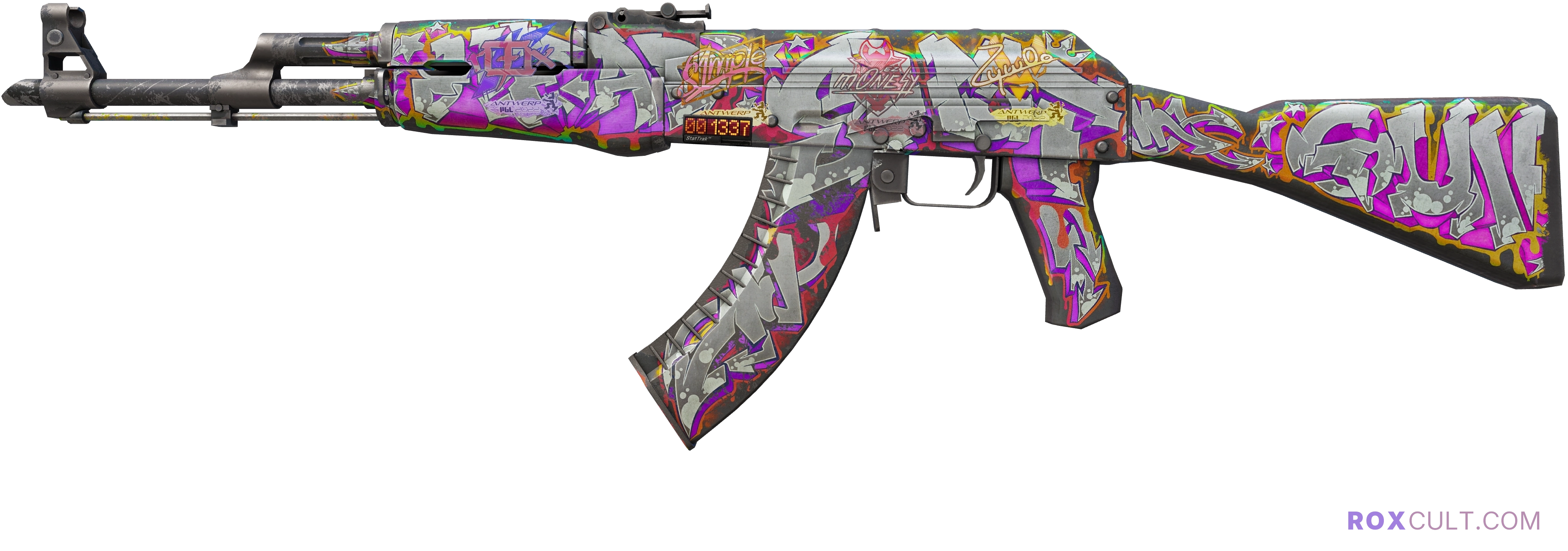 StatTrak™ AK-47 | Head Shot (Well-Worn) — rox (Holo) Antwerp 2022 craft, playside view with 1 rox (Holo) sticker