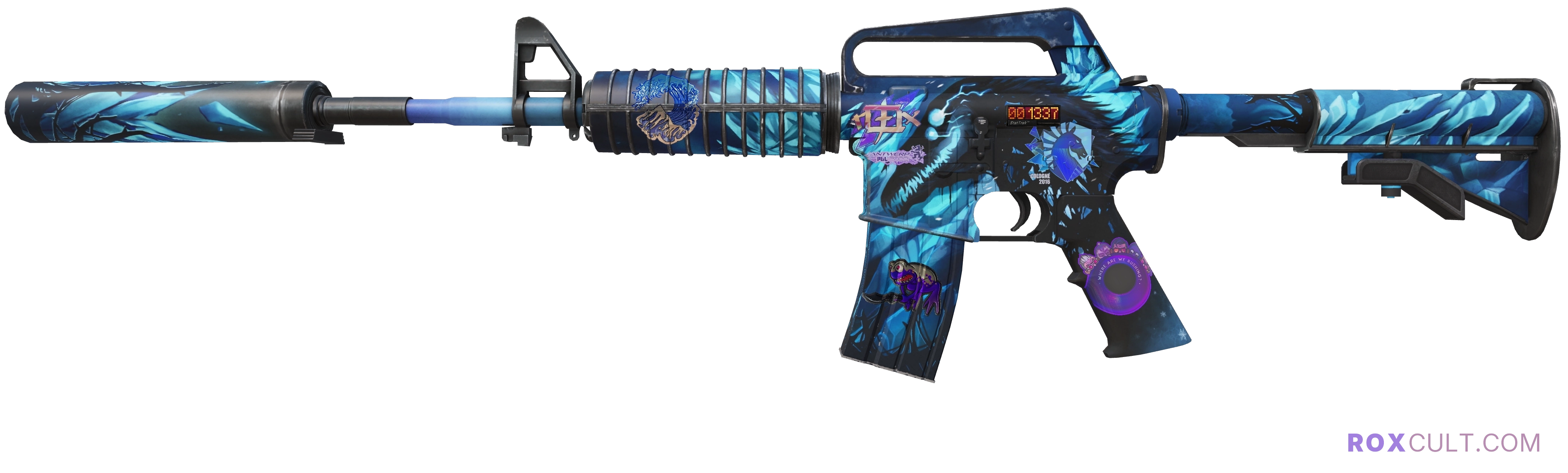 StatTrak™ M4A1-S | Nightmare (Factory New) — rox (Holo) Antwerp 2022 craft, playside view with 1 rox (Holo) sticker