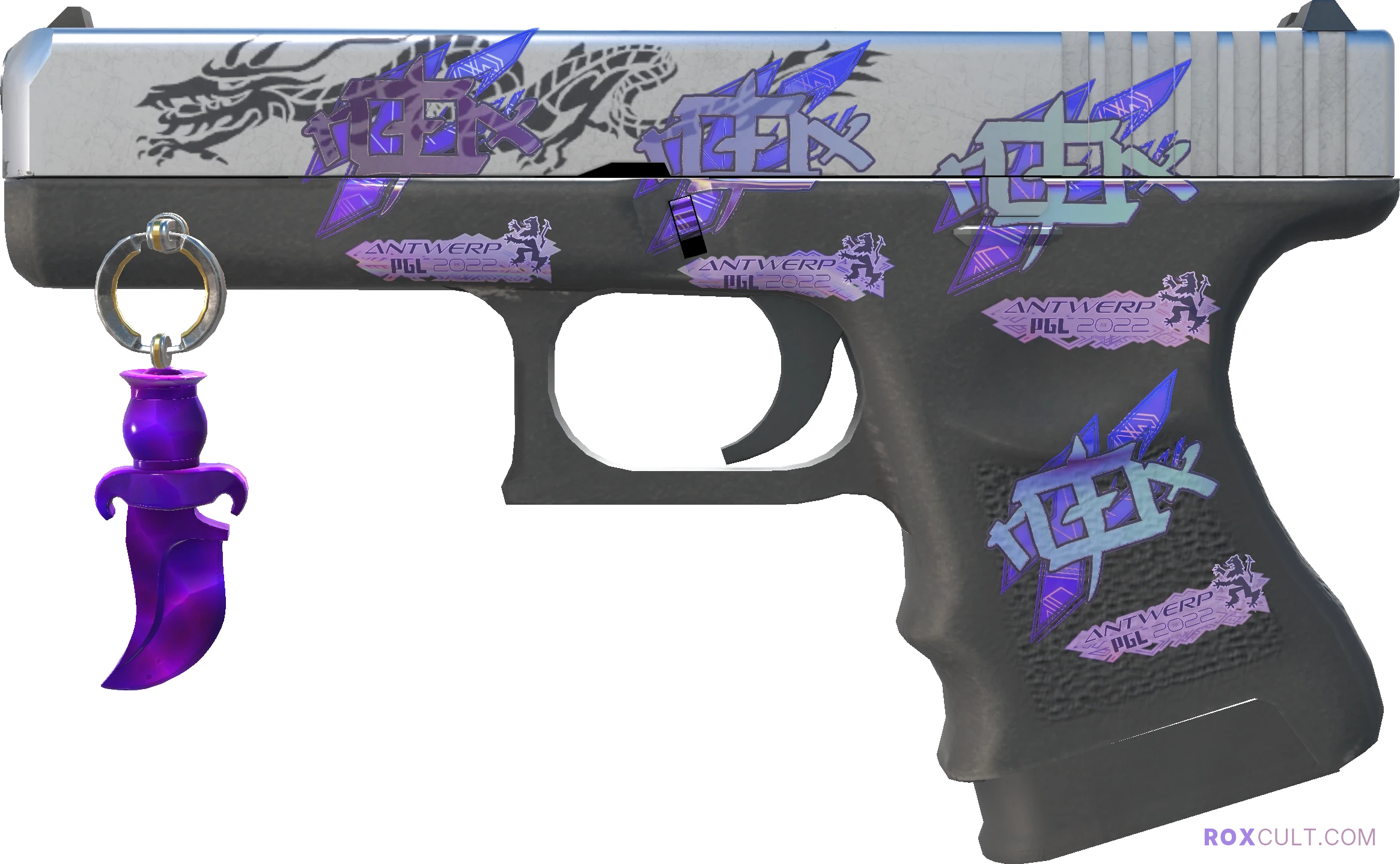 Glock-18 | Dragon Tattoo (Factory New) — rox (Holo) Antwerp 2022 craft, playside view with 4 rox (Holo) stickers