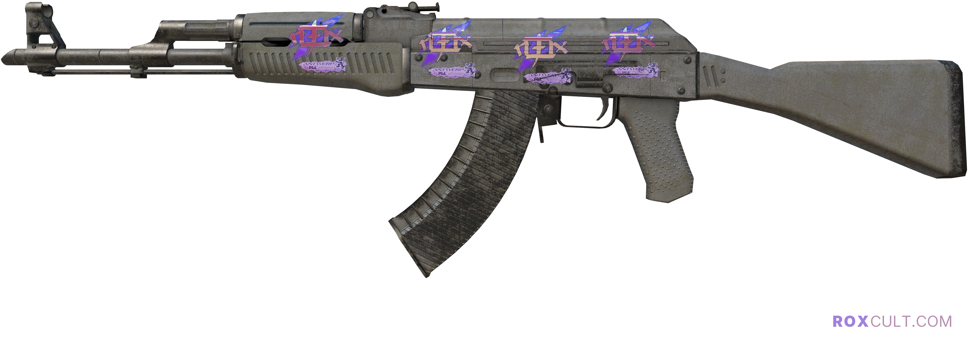 AK-47 | Slate (Battle-Scarred) — rox (Holo) Antwerp 2022 craft, playside view with 4 rox (Holo) stickers