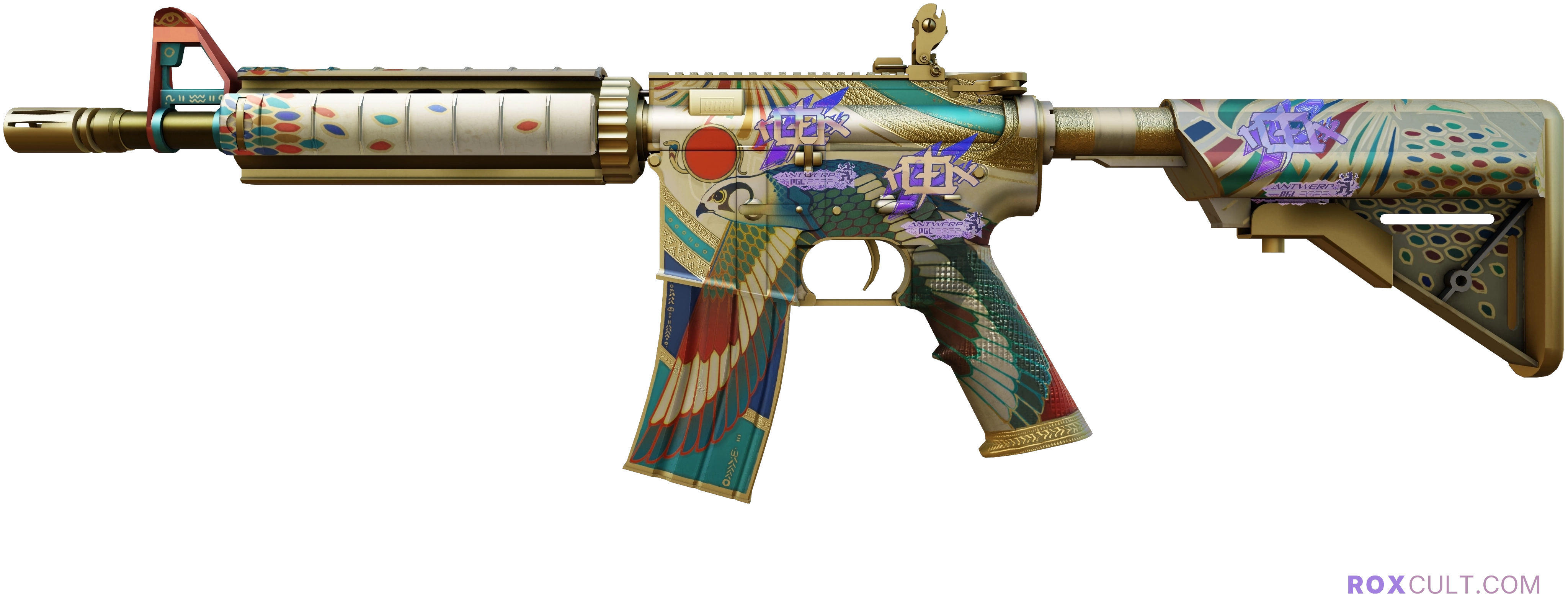 M4A4 | Eye of Horus (Factory New) — rox (Holo) Antwerp 2022 craft, playside view with 3 rox (Holo) stickers