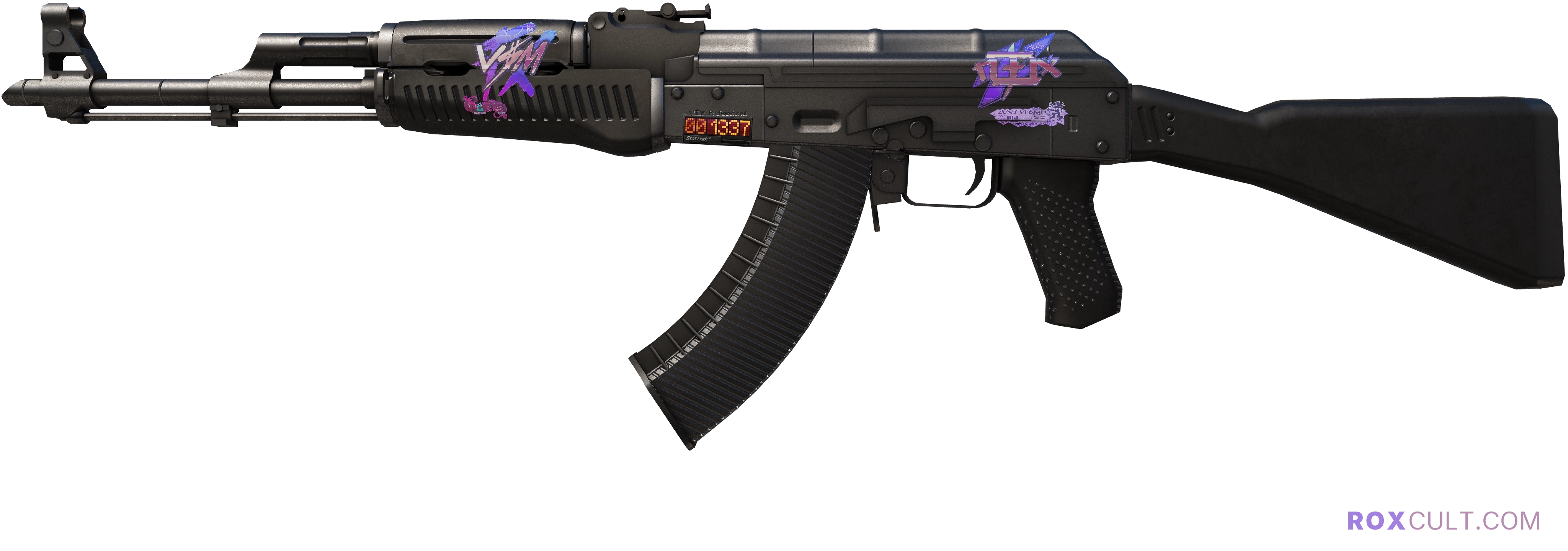 StatTrak™ AK-47 | Slate (Factory New) — rox (Holo) Antwerp 2022 craft, playside view with 1 rox (Holo) sticker