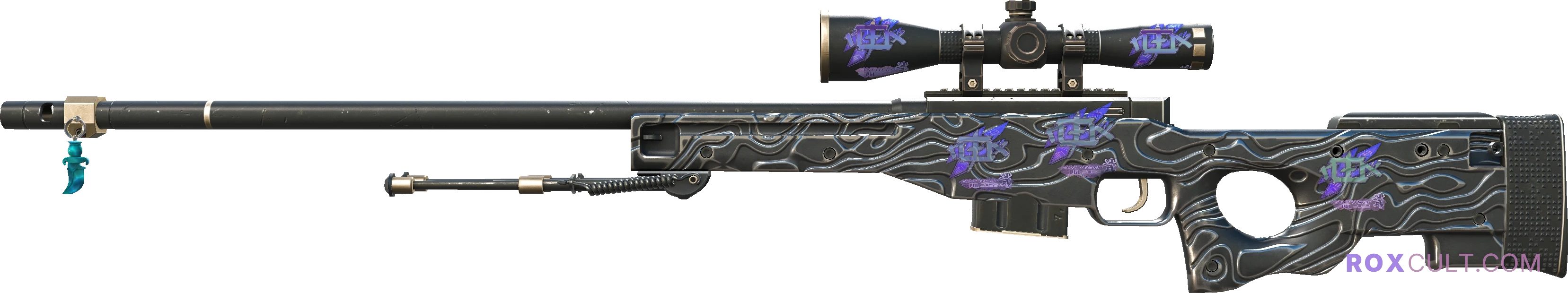 AWP | Black Nile (Factory New) — rox (Holo) Antwerp 2022 craft, playside view with 5 rox (Holo) stickers