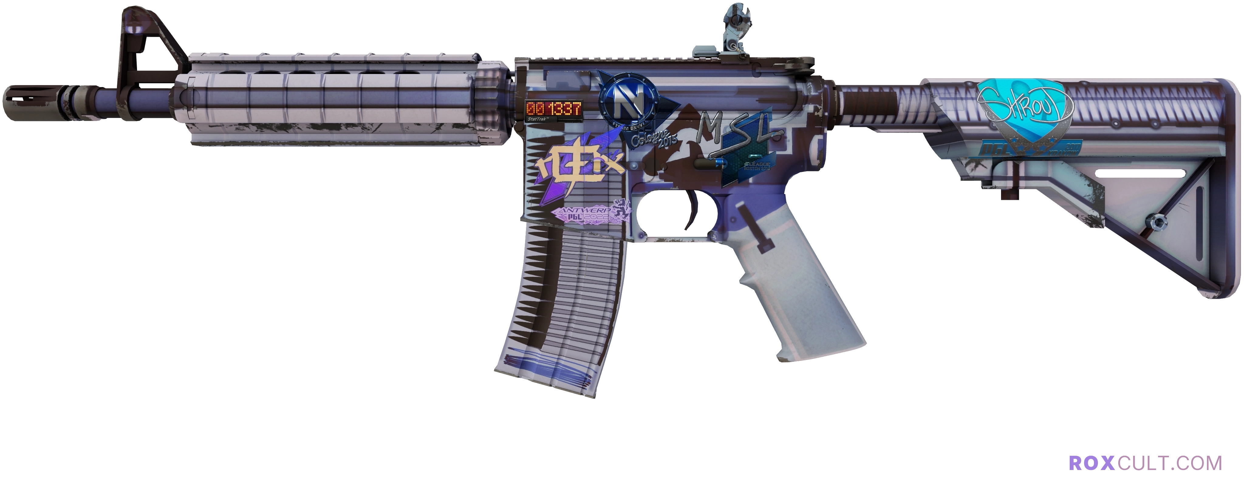 StatTrak™ M4A4 | X-Ray (Factory New) — rox (Holo) Antwerp 2022 craft, playside view with 1 rox (Holo) sticker