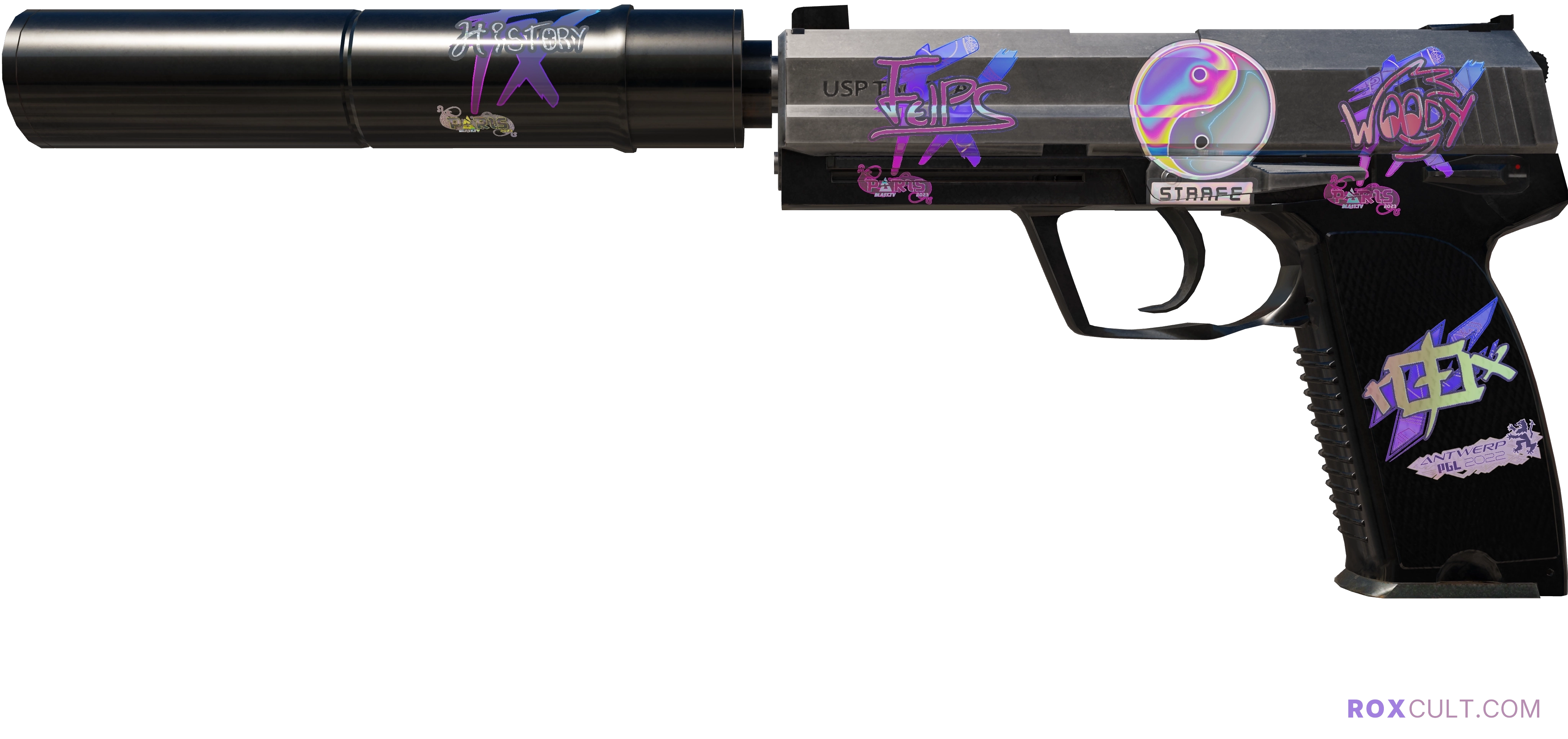 USP-S | Stainless (Field-Tested) — rox (Holo) Antwerp 2022 craft, playside view with 1 rox (Holo) sticker