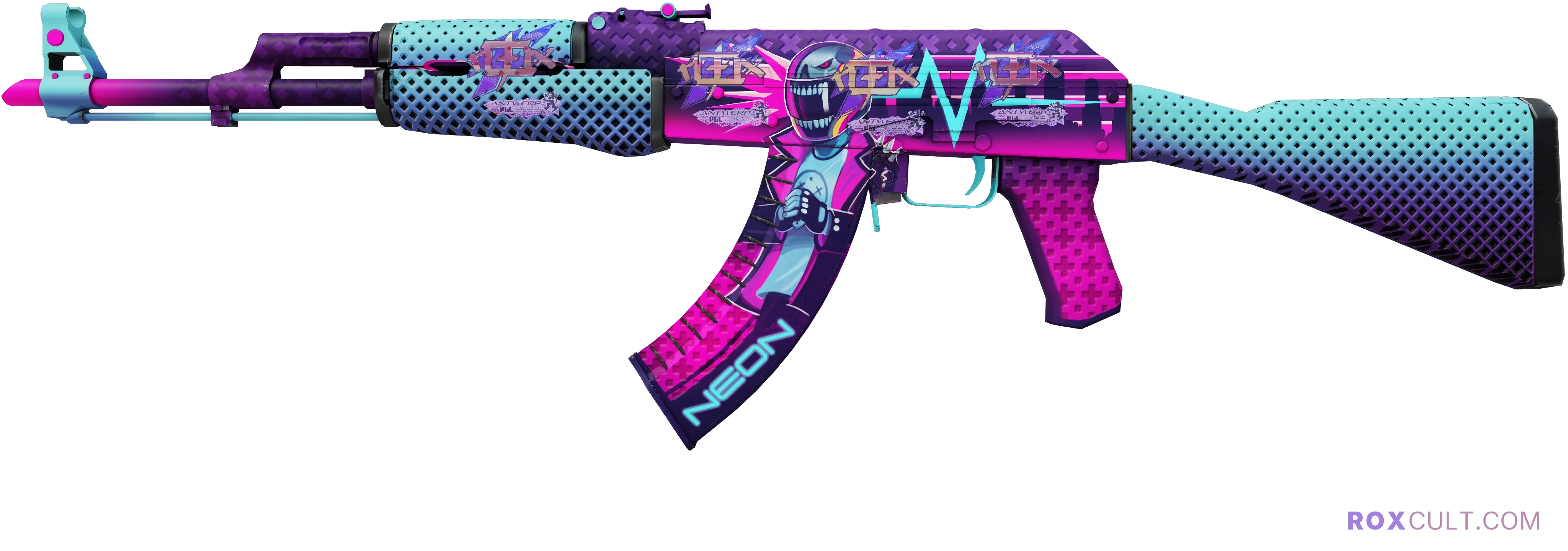 AK-47 | Neon Rider (Factory New) — rox (Holo) Antwerp 2022 craft, playside view with 4 rox (Holo) stickers