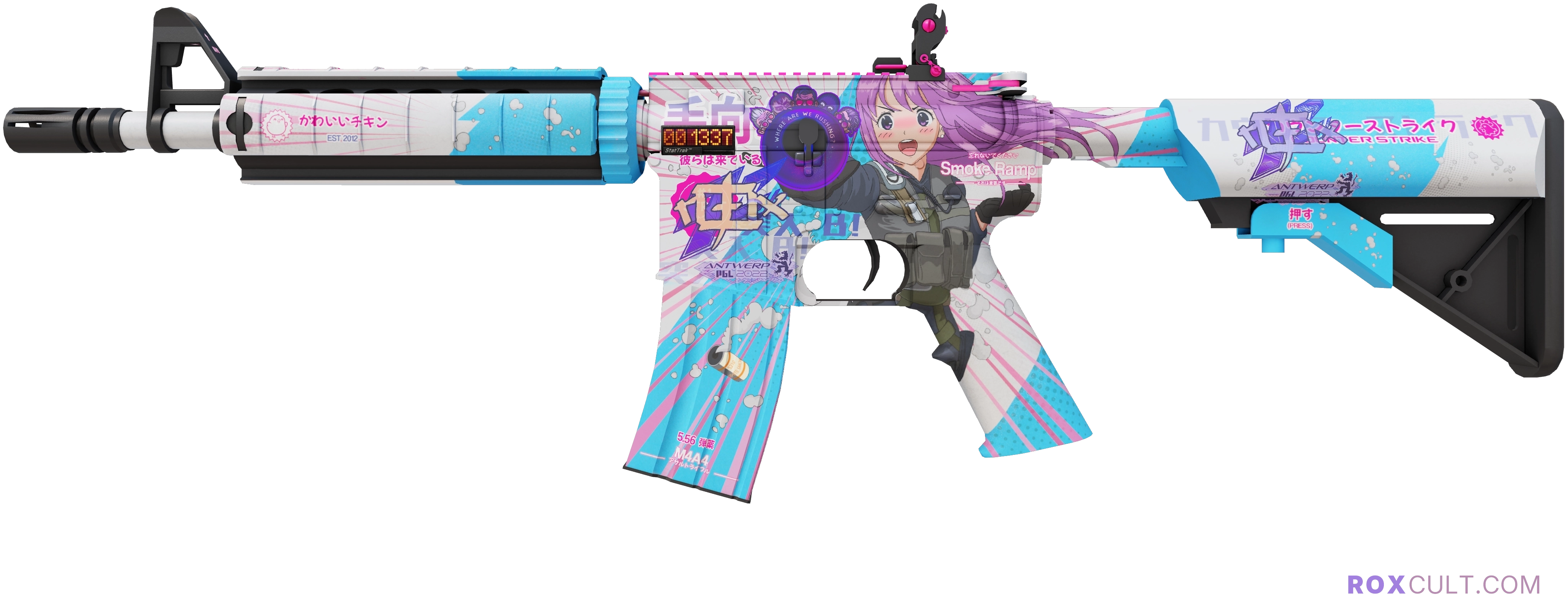 StatTrak™ M4A4 | Temukau (Factory New) — rox (Holo) Antwerp 2022 craft, playside view with 2 rox (Holo) stickers