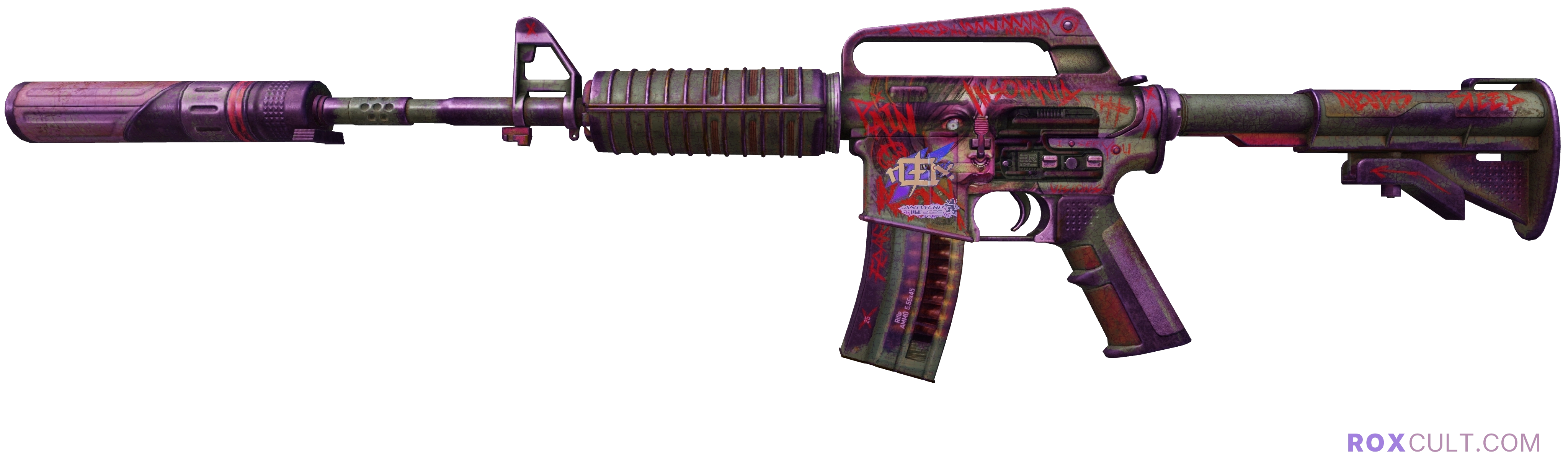 M4A1-S | Night Terror (Battle-Scarred) — rox (Holo) Antwerp 2022 craft, playside view with 1 rox (Holo) sticker