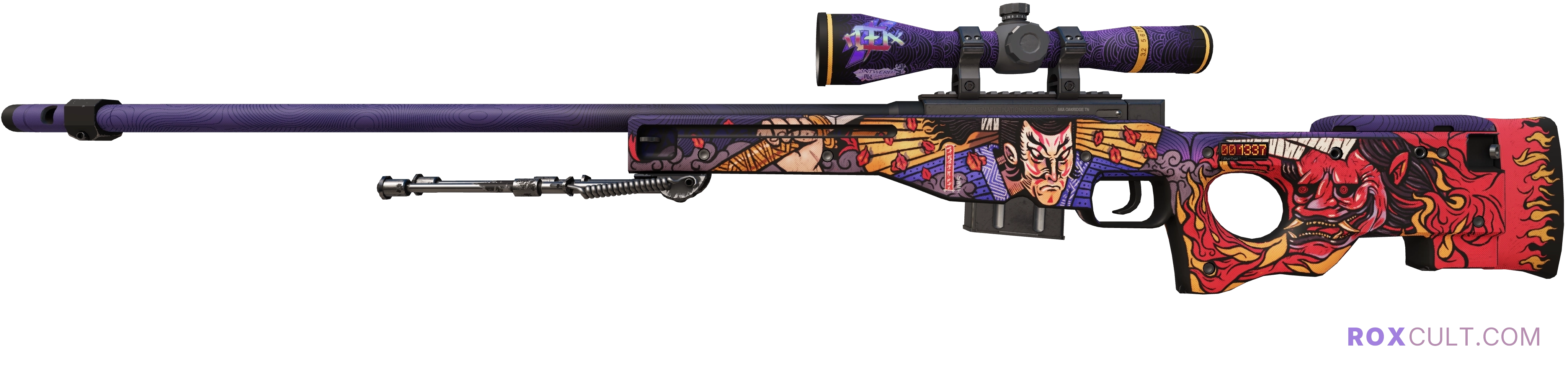 StatTrak™ AWP | Oni Taiji (Factory New) — rox (Holo) Antwerp 2022 craft, playside view with 1 rox (Holo) sticker