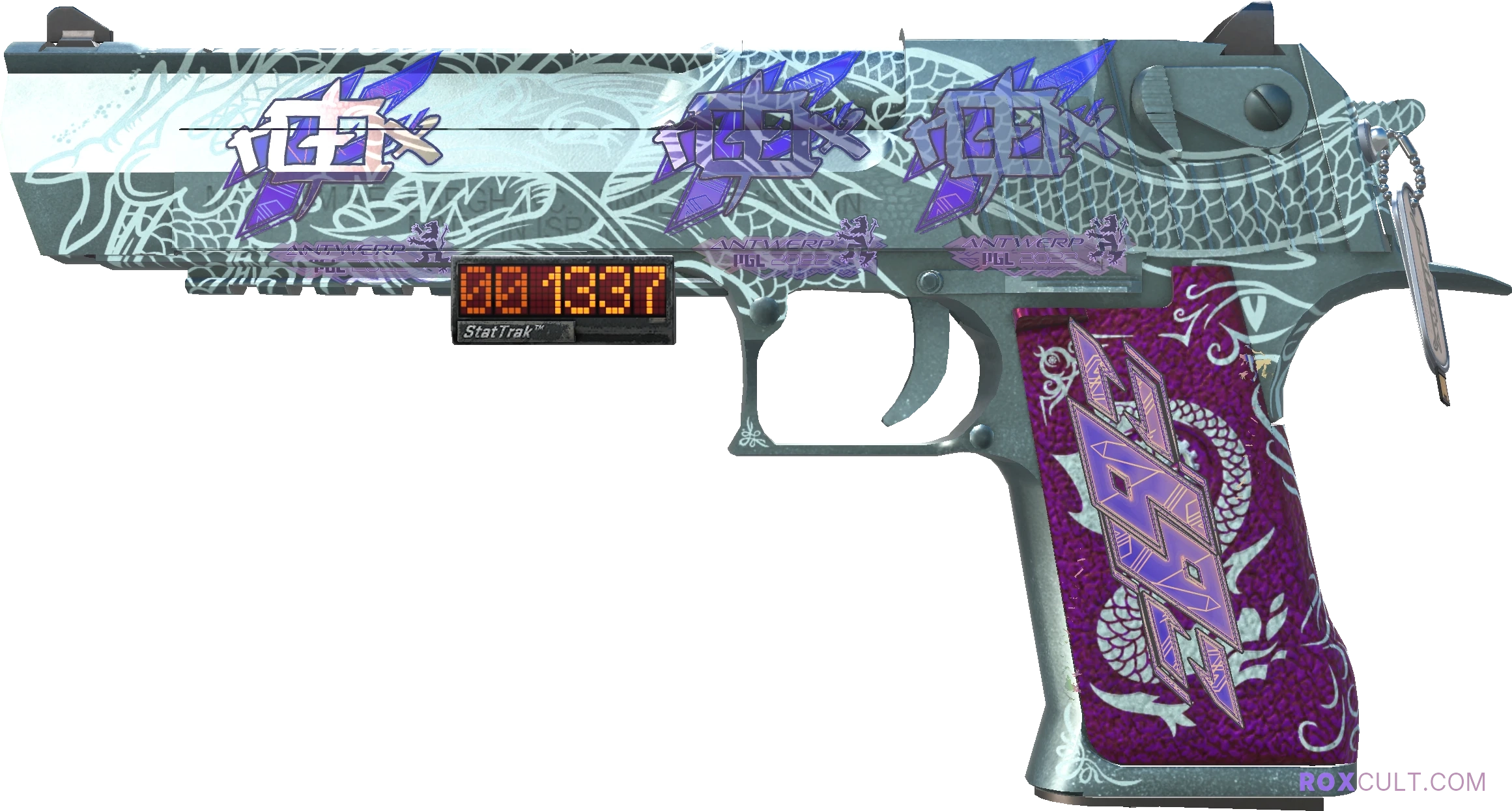 StatTrak™ Desert Eagle | Kumicho Dragon (Factory New) — rox (Holo) Antwerp 2022 craft, playside view with 3 rox (Holo) stickers