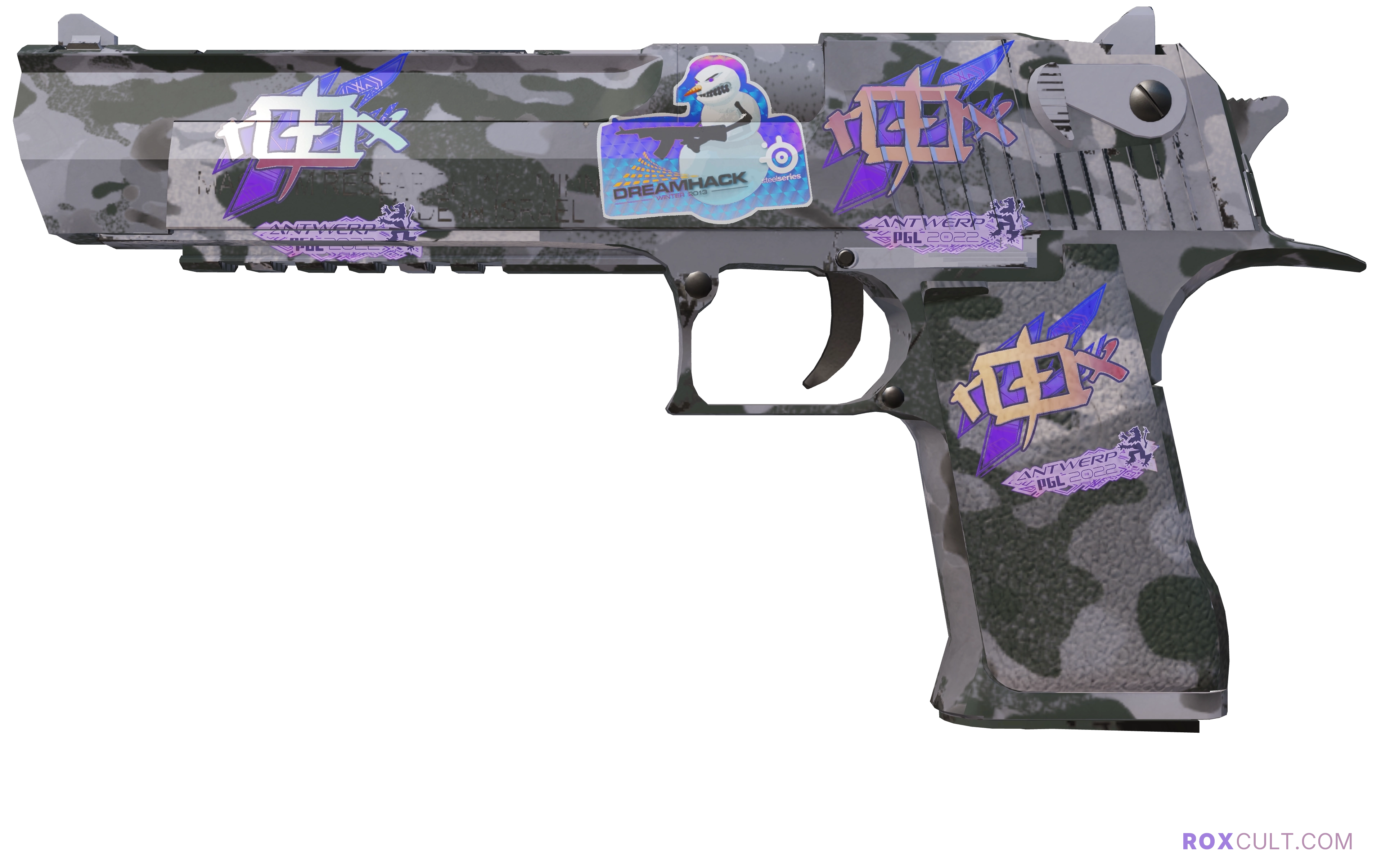 Souvenir Desert Eagle | Urban Rubble (Factory New) — rox (Holo) Antwerp 2022 craft, playside view with 3 rox (Holo) stickers
