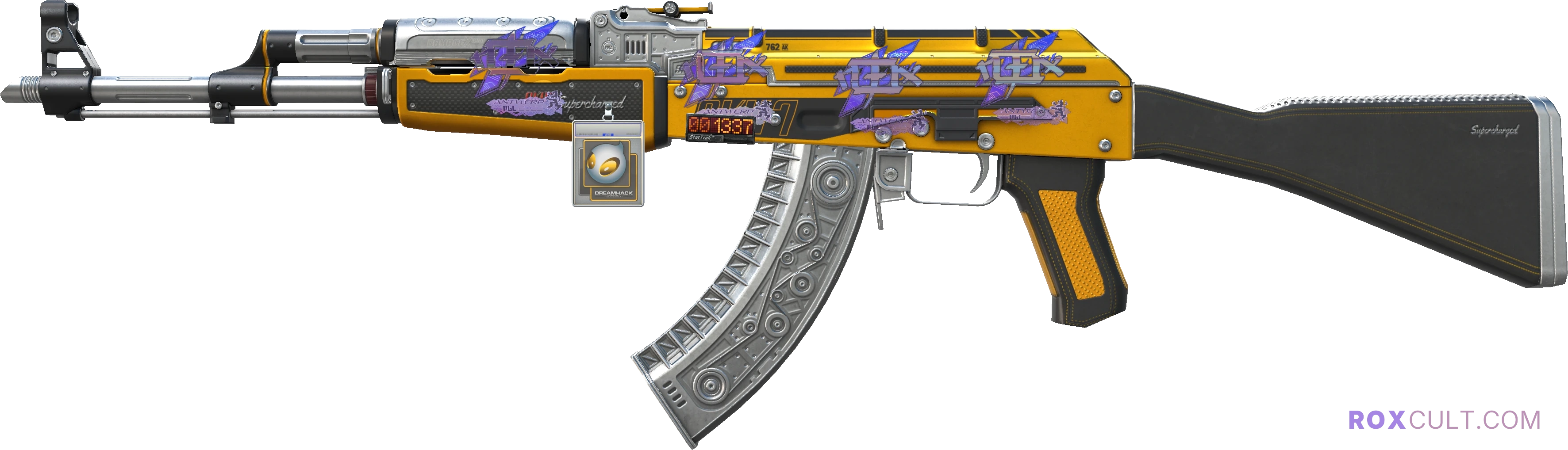 StatTrak™ AK-47 | Fuel Injector (Minimal Wear) — rox (Holo) Antwerp 2022 craft, playside view with 4 rox (Holo) stickers