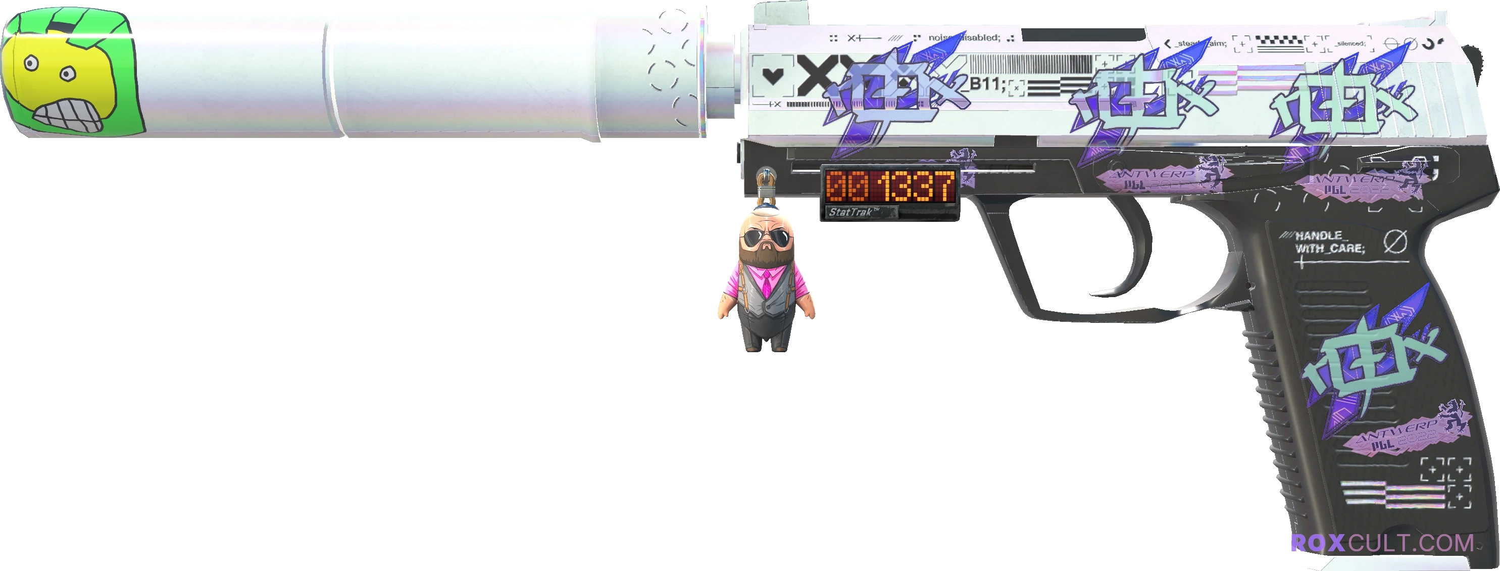 StatTrak™ USP-S | Printstream (Factory New) — rox (Holo) Antwerp 2022 craft, playside view with 4 rox (Holo) stickers