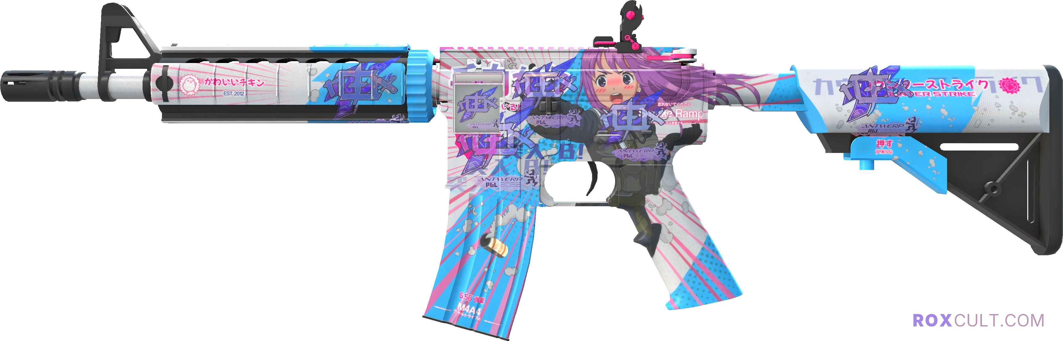 M4A4 | Temukau (Factory New) — rox (Holo) Antwerp 2022 craft, playside view with 5 rox (Holo) stickers
