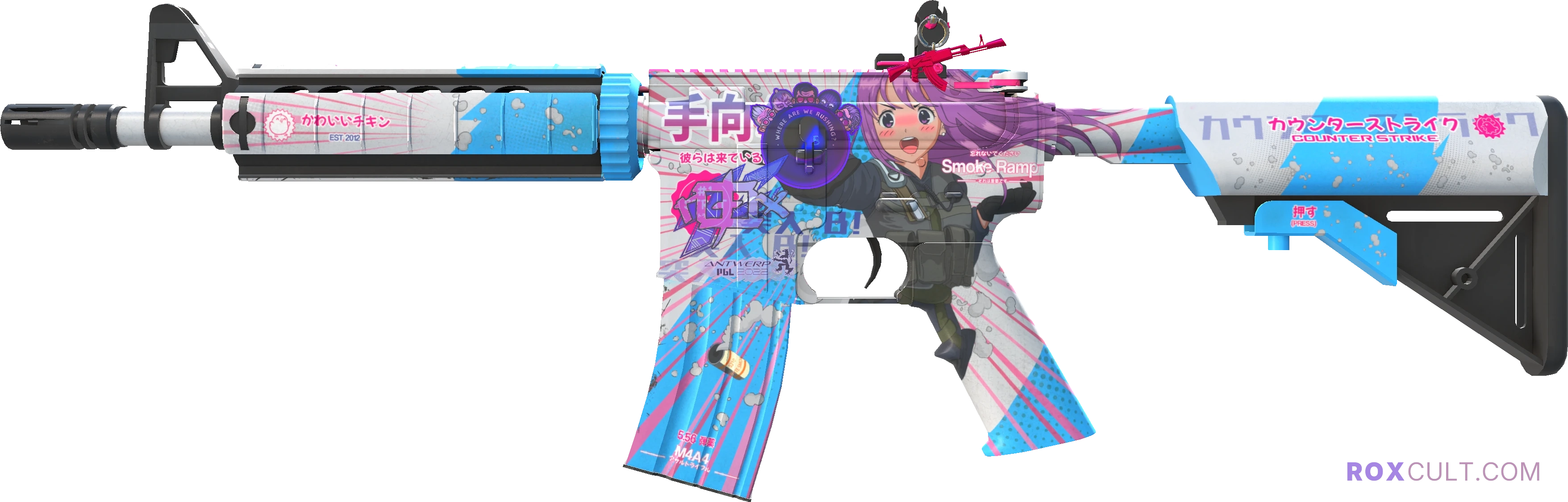 M4A4 | Temukau (Factory New) — rox (Holo) Antwerp 2022 craft, playside view with 1 rox (Holo) sticker