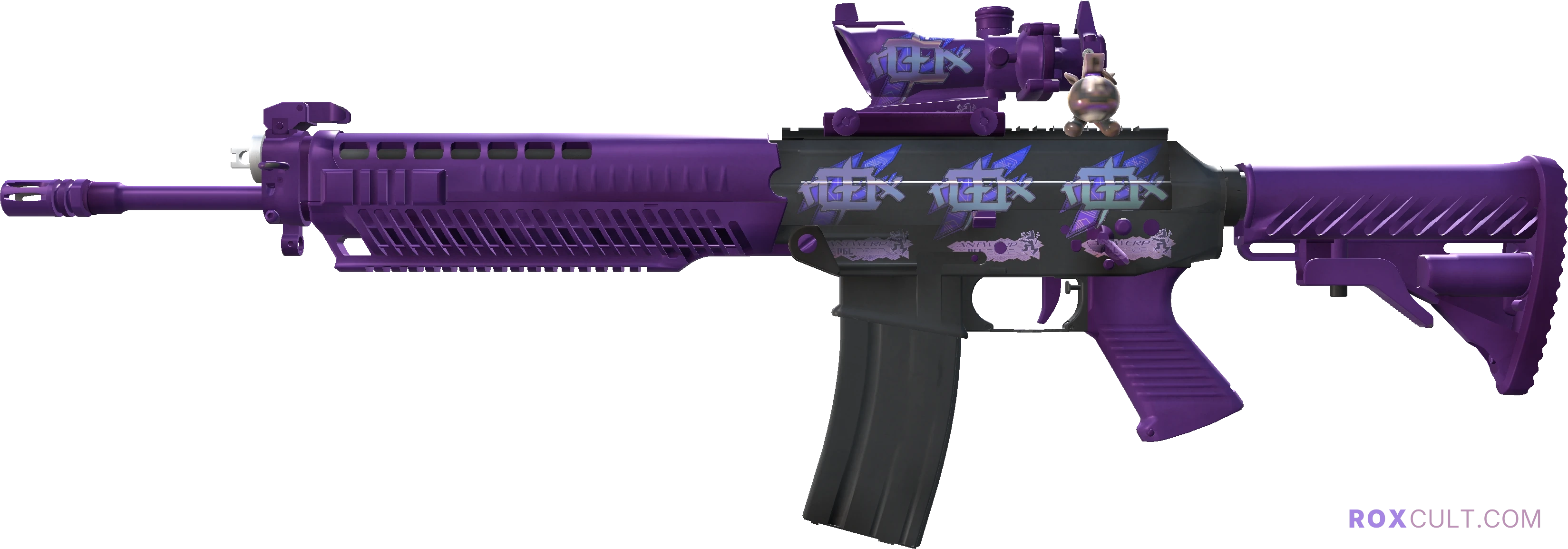 SG 553 | Ultraviolet (Factory New) — rox (Holo) Antwerp 2022 craft, playside view with 4 rox (Holo) stickers