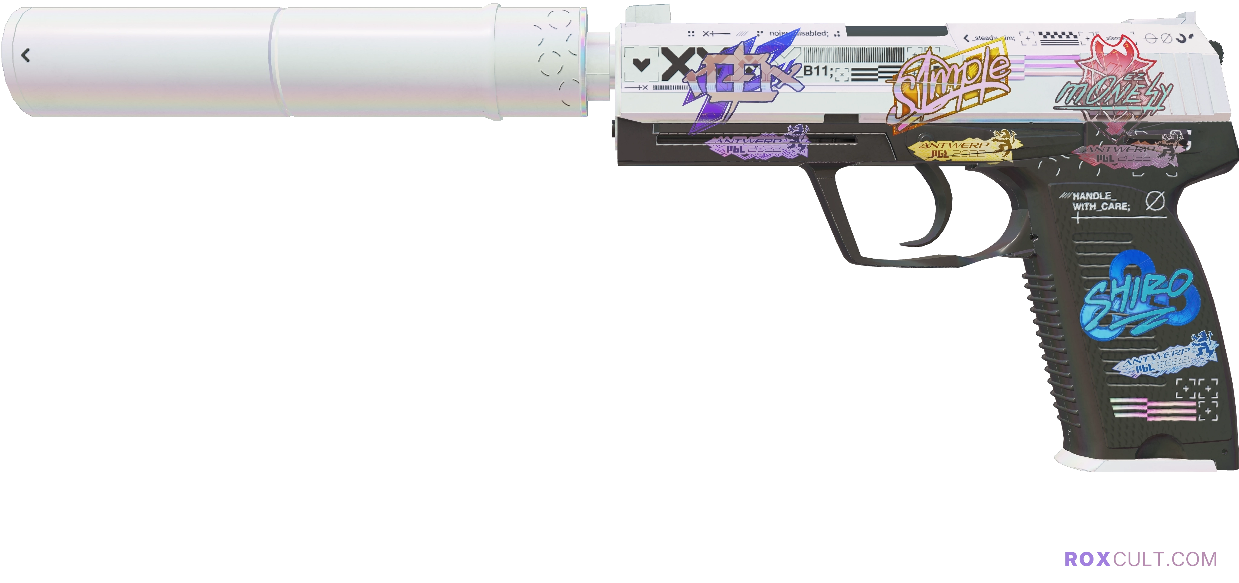 USP-S | Printstream (Factory New) — rox (Holo) Antwerp 2022 craft, playside view with 1 rox (Holo) sticker