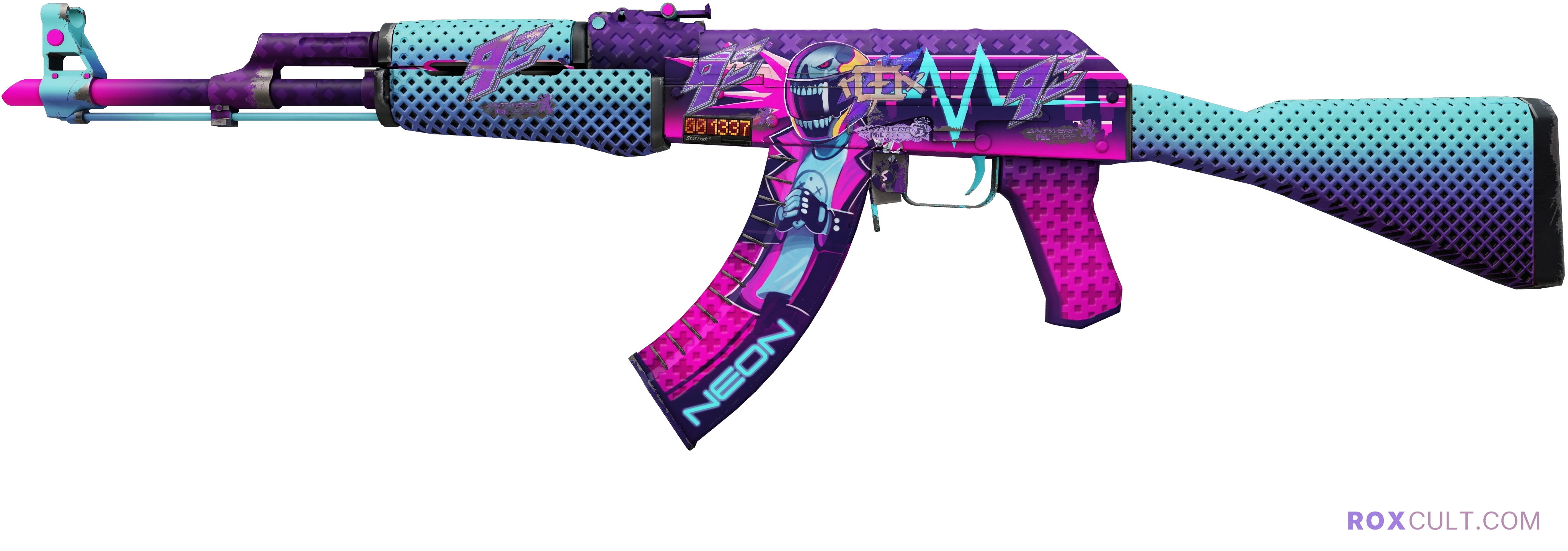 StatTrak™ AK-47 | Neon Rider (Minimal Wear) — rox (Holo) Antwerp 2022 craft, playside view with 1 rox (Holo) sticker
