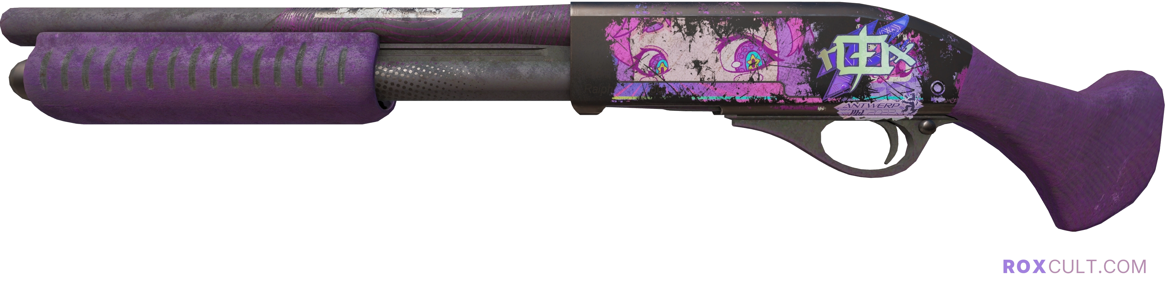 Sawed-Off | Kiss♥Love (Battle-Scarred) — rox (Holo) Antwerp 2022 craft, playside view with 1 rox (Holo) sticker