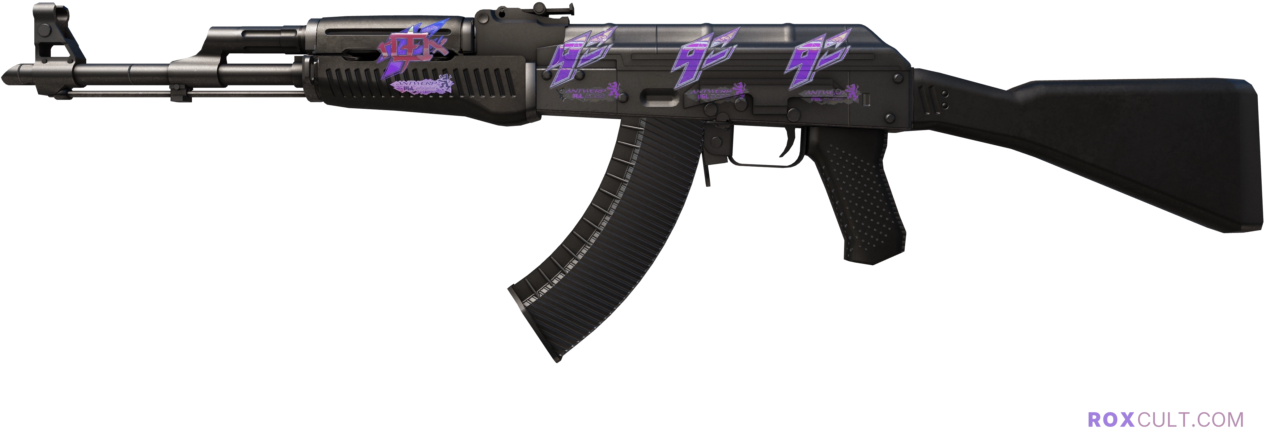 AK-47 | Slate (Factory New) — rox (Holo) Antwerp 2022 craft, playside view with 1 rox (Holo) sticker