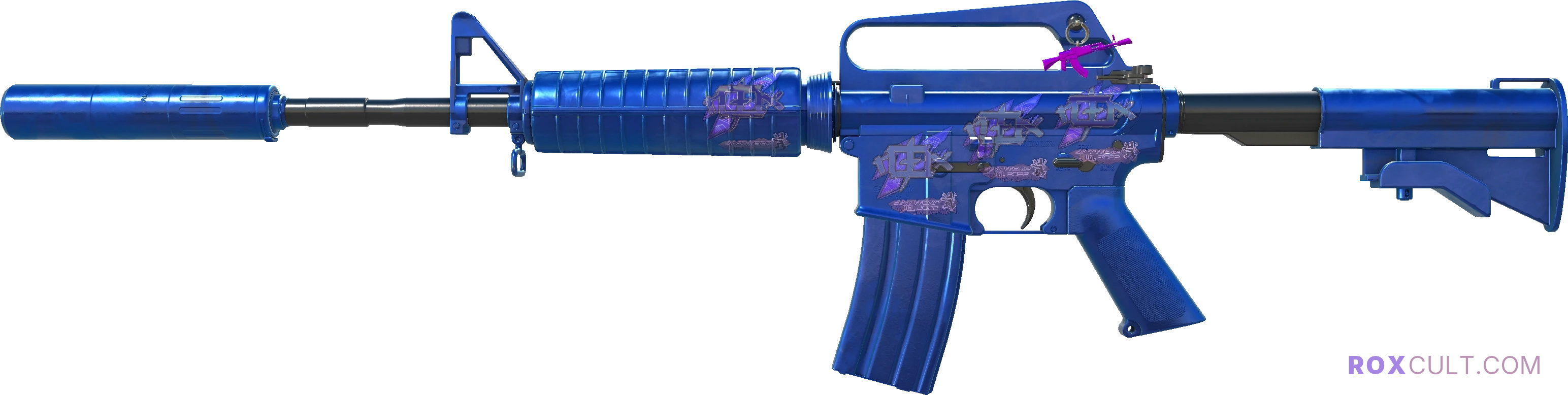 M4A1-S | Blue Phosphor (Factory New) — rox (Holo) Antwerp 2022 craft, playside view with 4 rox (Holo) stickers