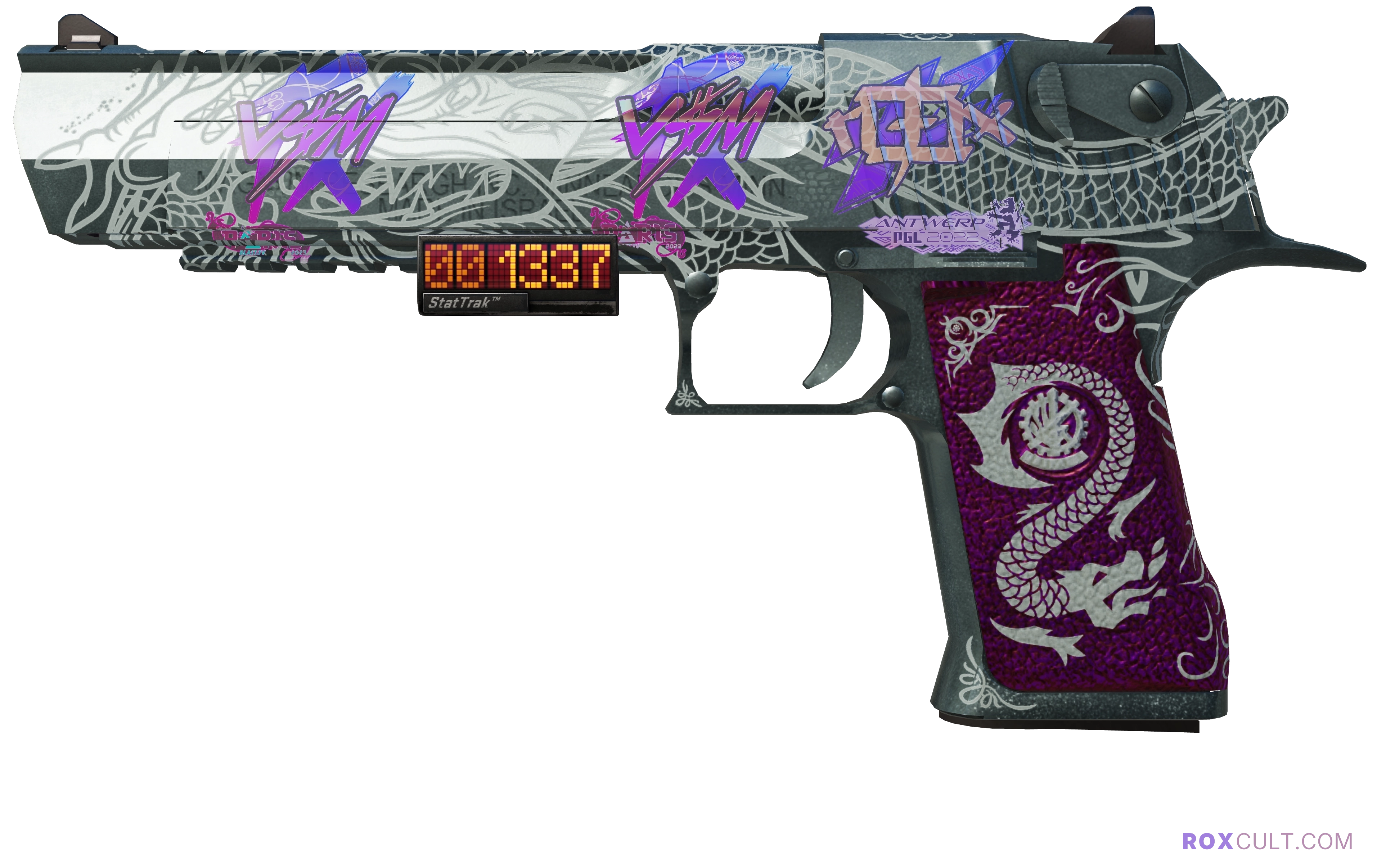 StatTrak™ Desert Eagle | Kumicho Dragon (Minimal Wear) — rox (Holo) Antwerp 2022 craft, playside view with 1 rox (Holo) sticker