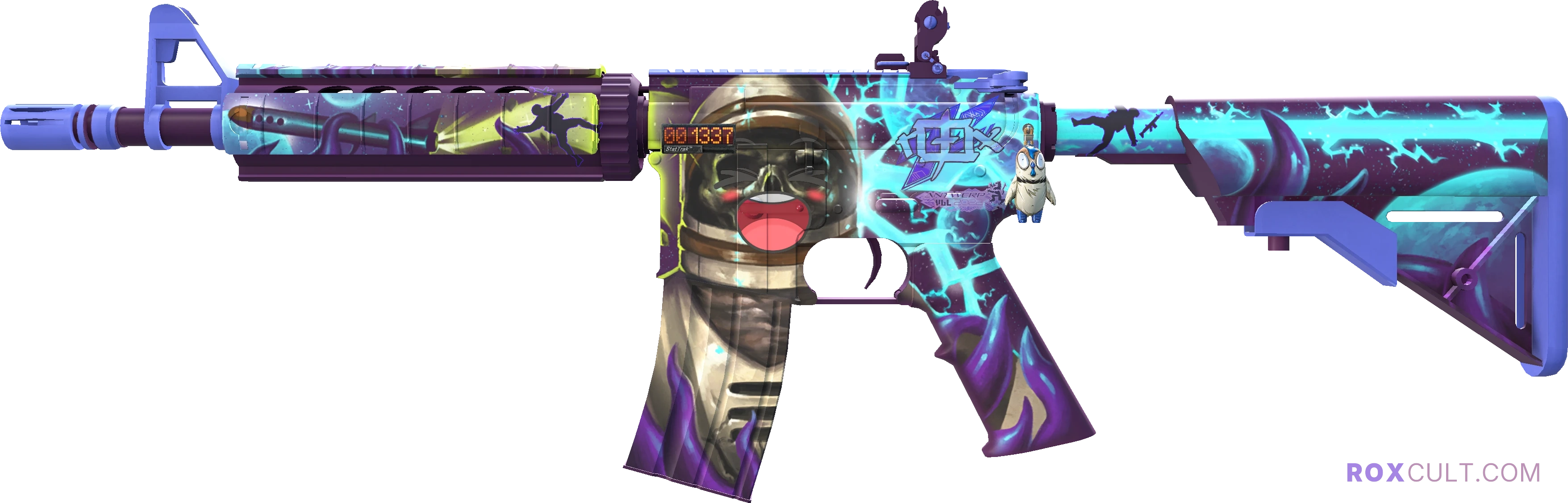 StatTrak™ M4A4 | Desolate Space (Factory New) — rox (Holo) Antwerp 2022 craft, playside view with 1 rox (Holo) sticker