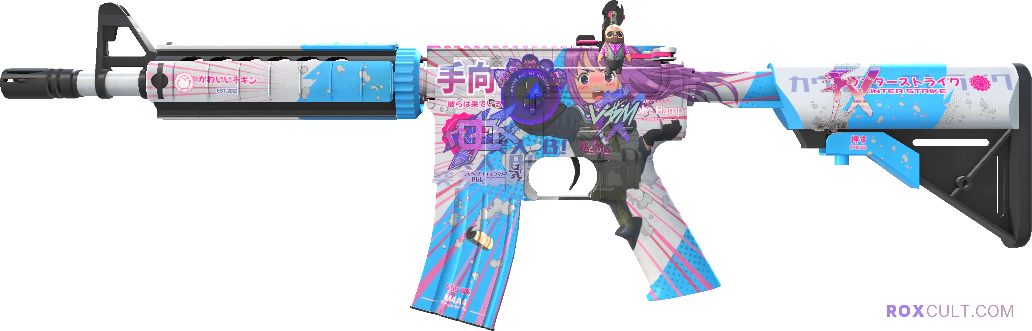 M4A4 | Temukau (Factory New) — rox (Holo) Antwerp 2022 craft, playside view with 1 rox (Holo) sticker