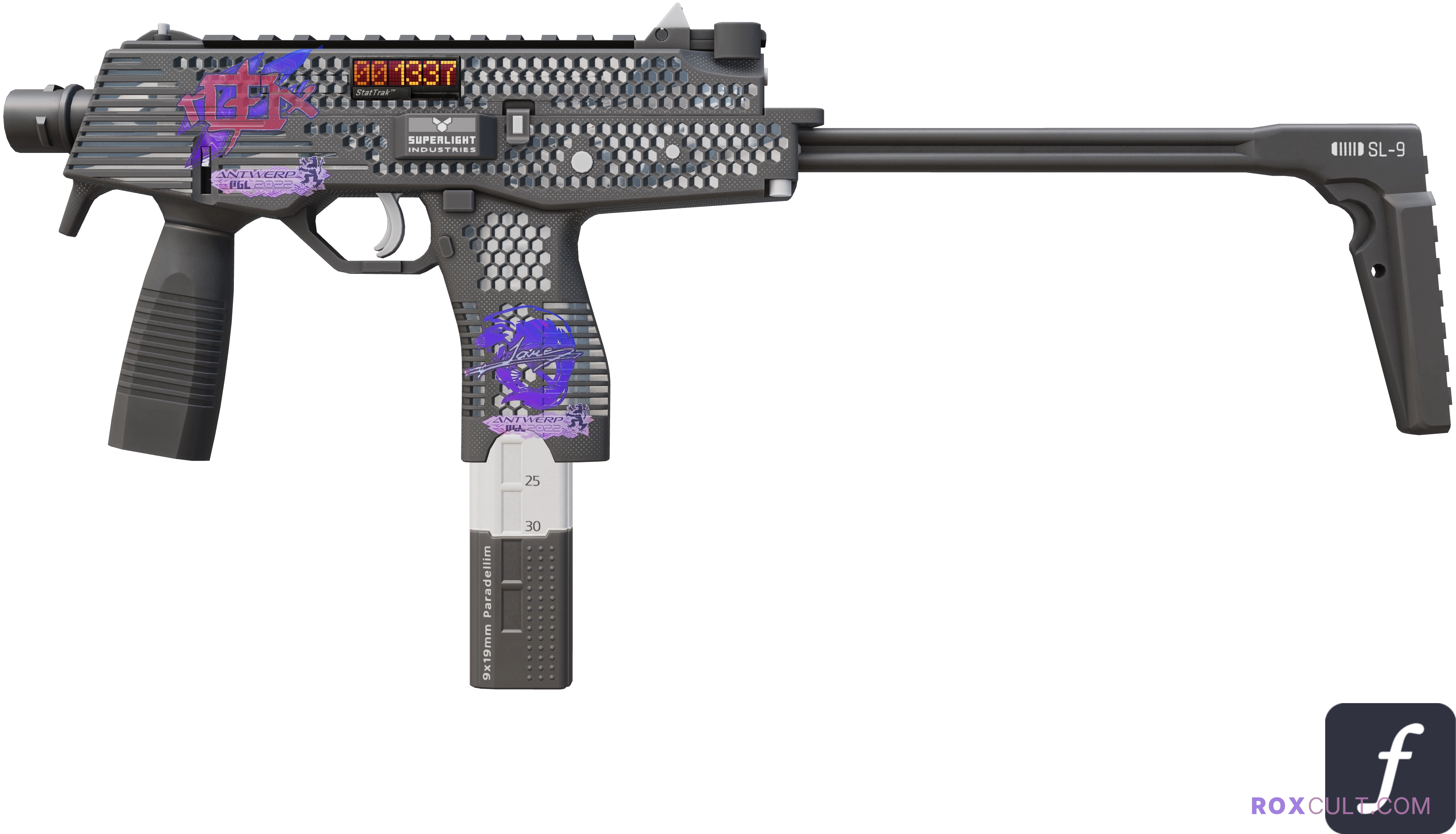 StatTrak™ MP9 | Featherweight (Factory New) — rox (Holo) Antwerp 2022 craft, playside view with 1 rox (Holo) sticker