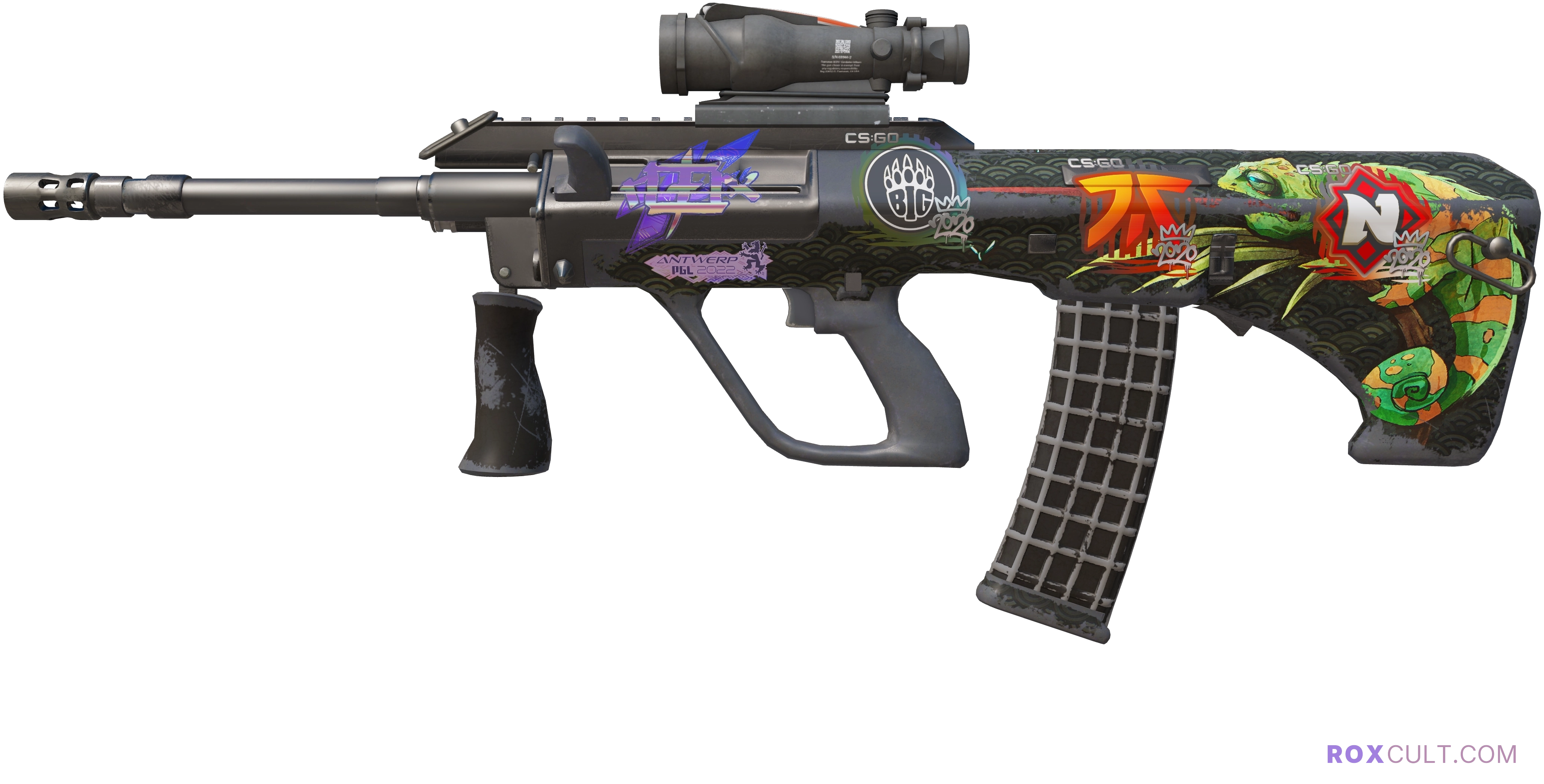 AUG | Chameleon (Field-Tested) — rox (Holo) Antwerp 2022 craft, playside view with 1 rox (Holo) sticker