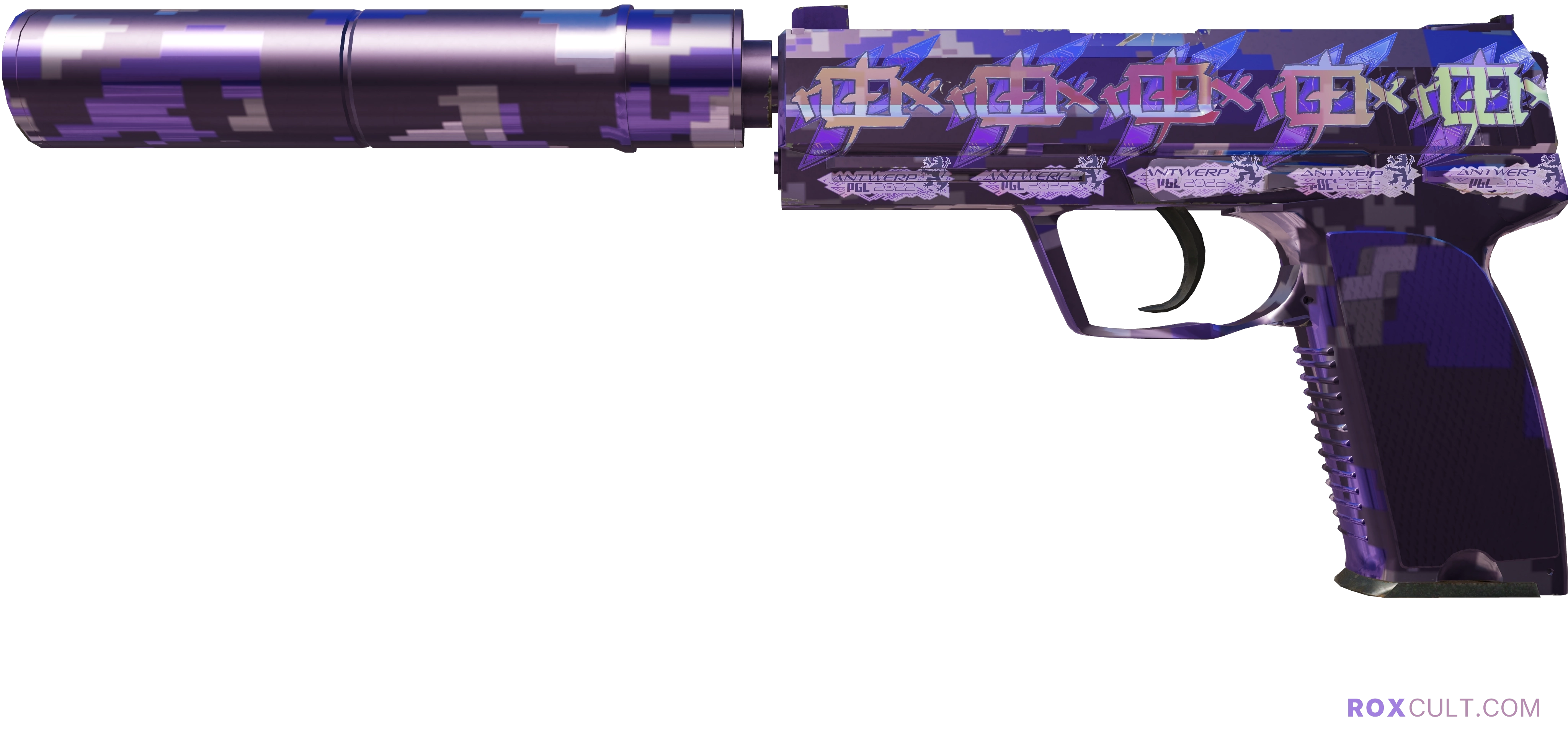 Souvenir USP-S | Purple DDPAT (Factory New) — rox (Holo) Antwerp 2022 craft, playside view with 5 rox (Holo) stickers
